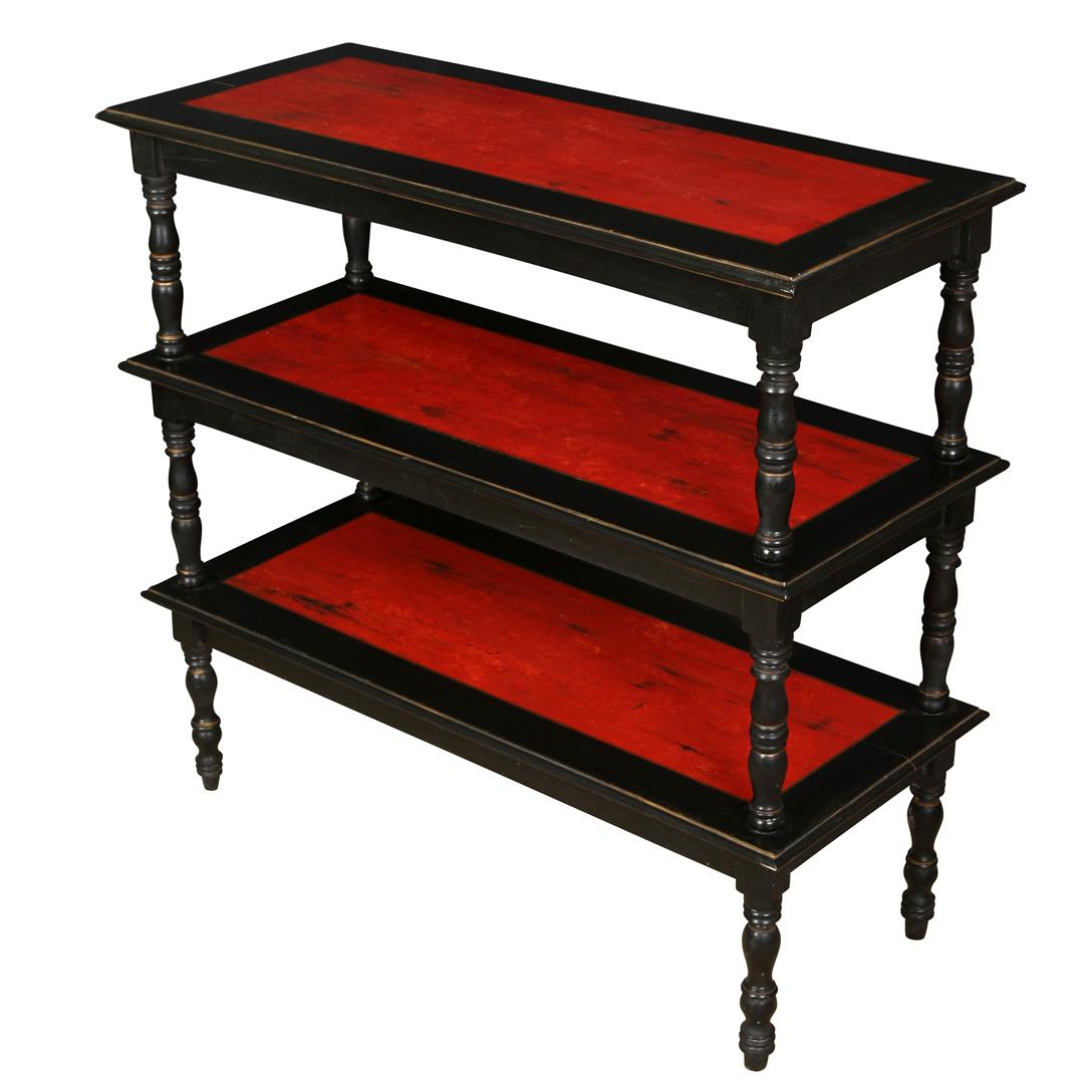 Hand-Painted Vintage Pair of Three Tier Etageres Painted Black with Red Shelves For Sale