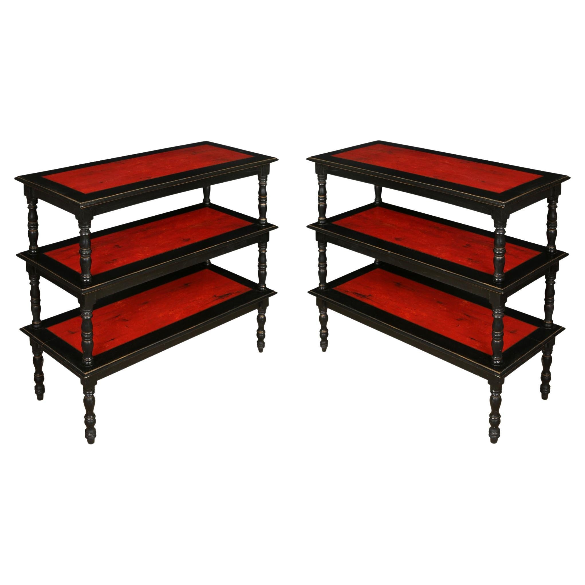 Vintage Pair of Three Tier Etageres Painted Black with Red Shelves For Sale