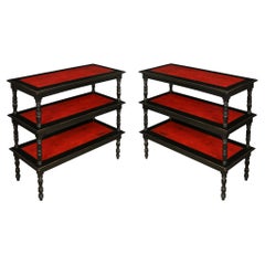 Vintage Pair of Three Tier Etageres Painted Black with Red Shelves