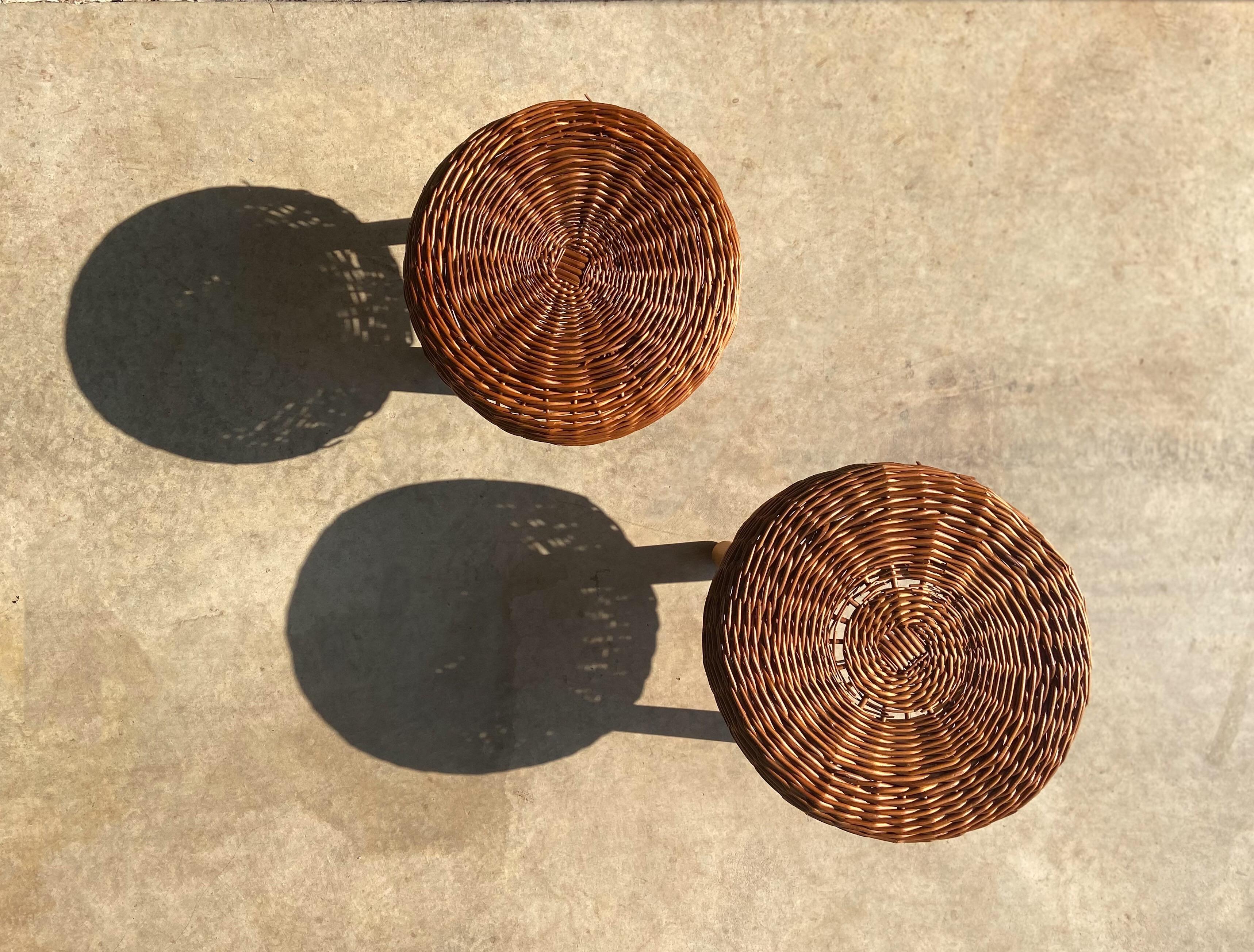 American Vintage Pair of Tony Paul Attributed Woven Rattan Stools, 1960's For Sale
