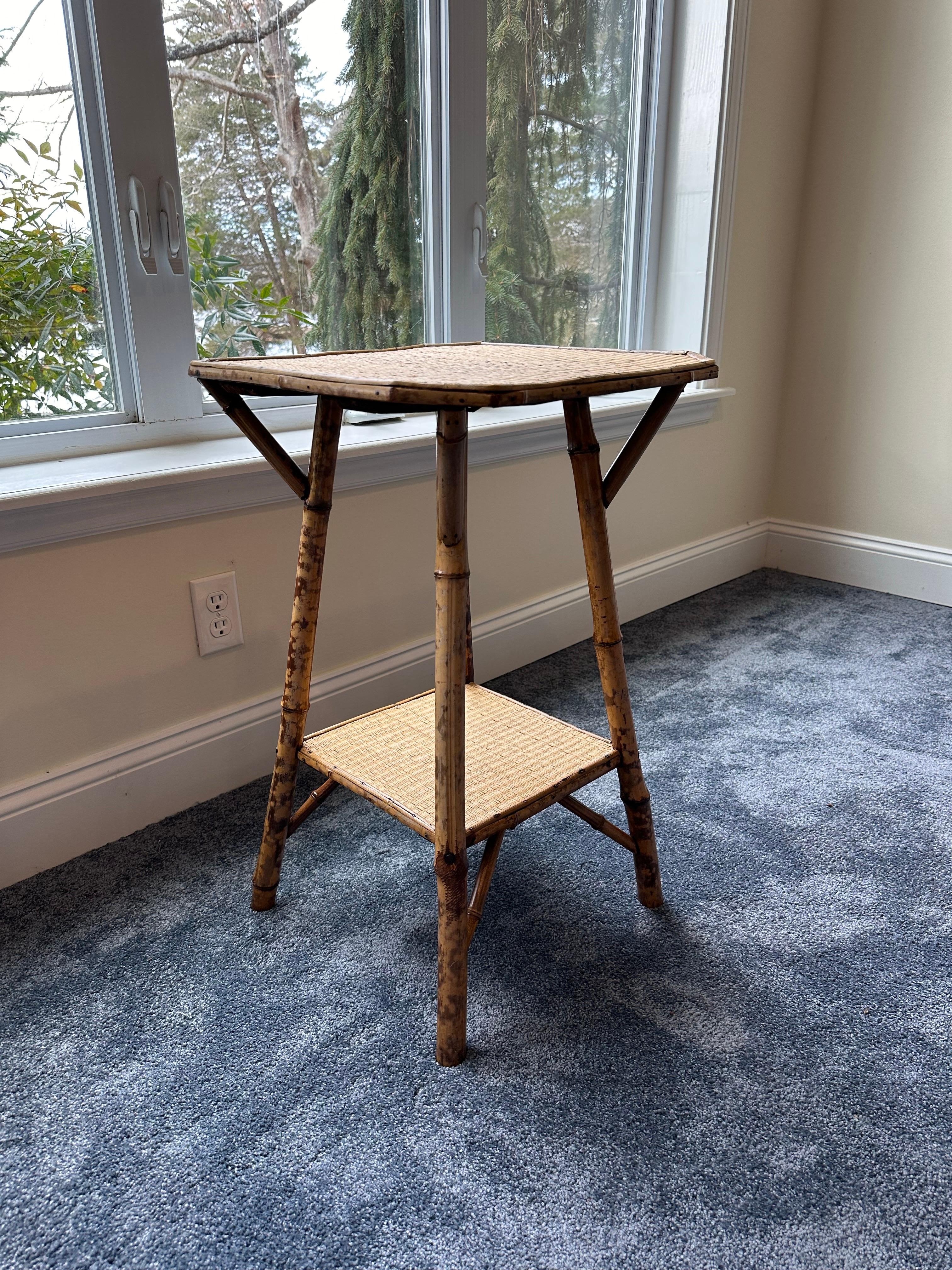 Organic Modern Vintage Pair of Tortoise Bamboo and Rattan End Tables