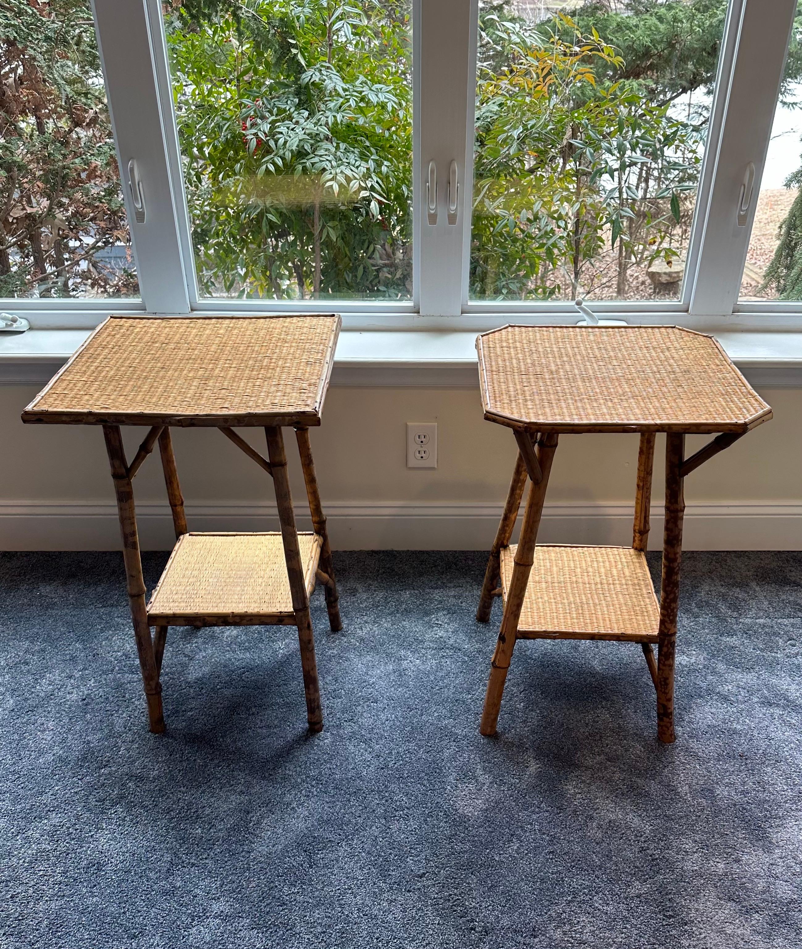 American Vintage Pair of Tortoise Bamboo and Rattan End Tables