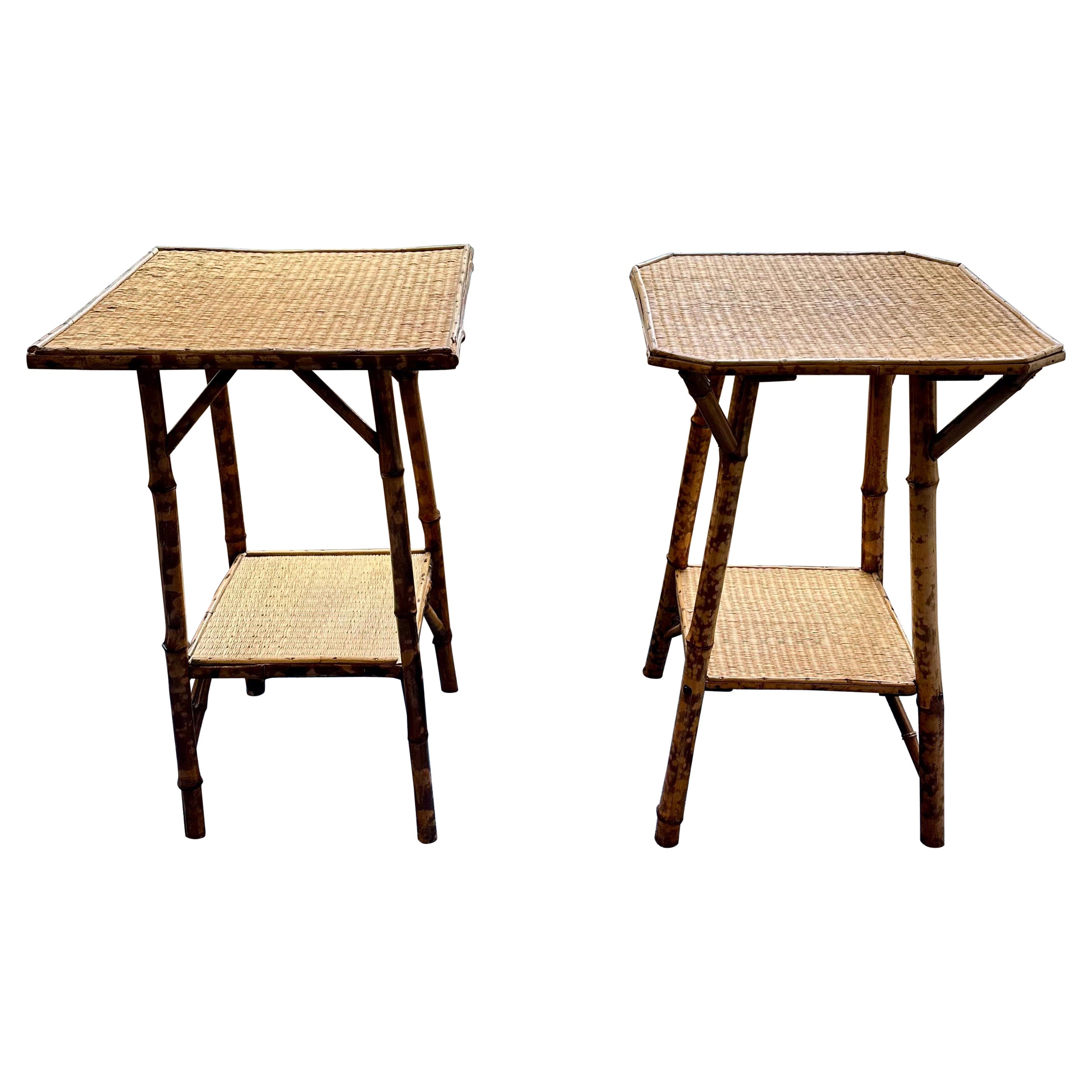 Vintage Pair of Tortoise Bamboo and Rattan End Tables