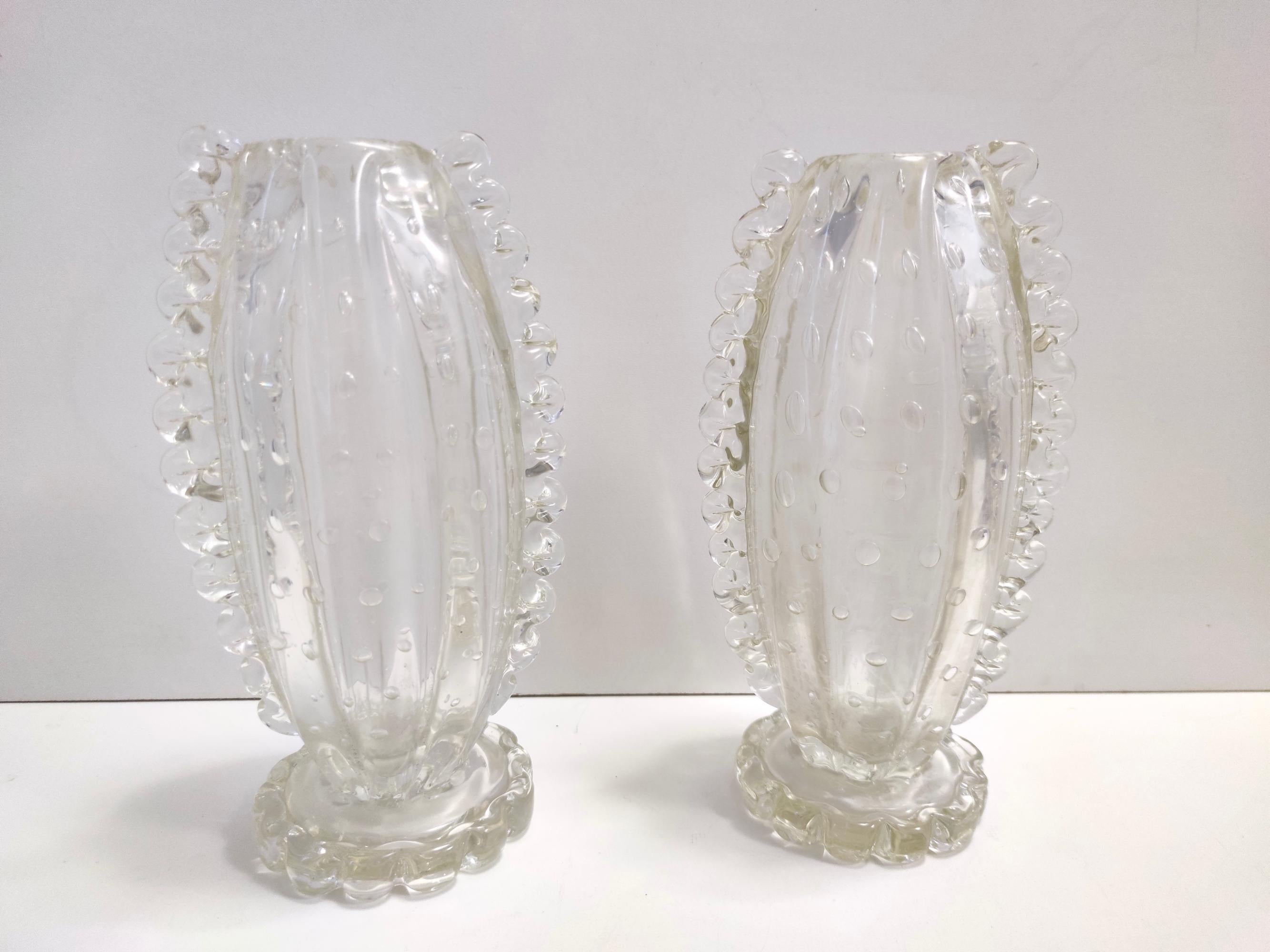 Mid-Century Modern Vintage Pair of Transparent Bullicante Murano Glass Vases by Ercole Barovier For Sale