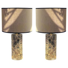 Vintage Paar transparente/hellgrüne Fractal Resin w / Golden Leaf Tischlampen
