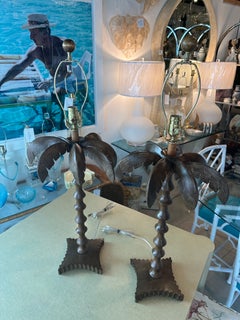Vintage Pair of Tropical Beach Palm Tree Leaf Table Lamps Newly Wired