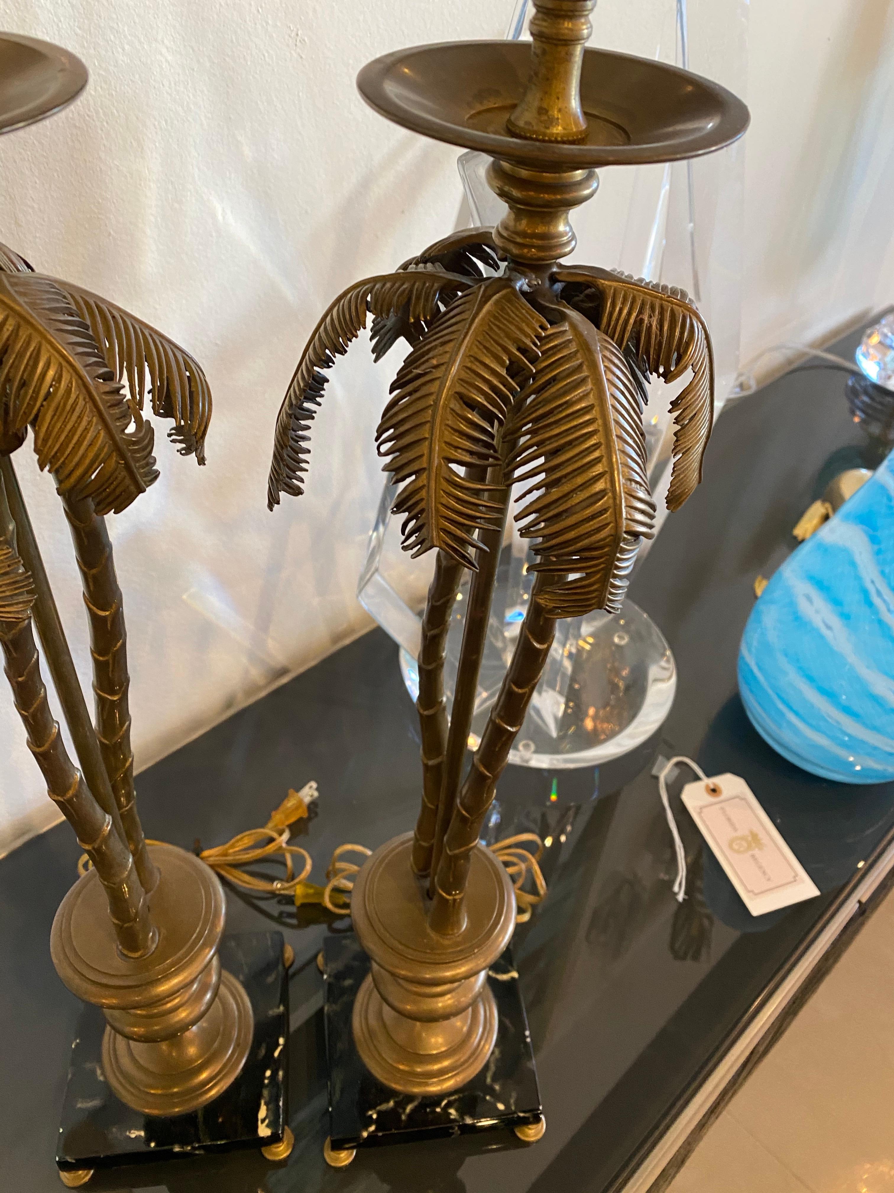 Vintage Pair of Tropical Palm Beach Brass Marble Palm Tree Table Lamps 3