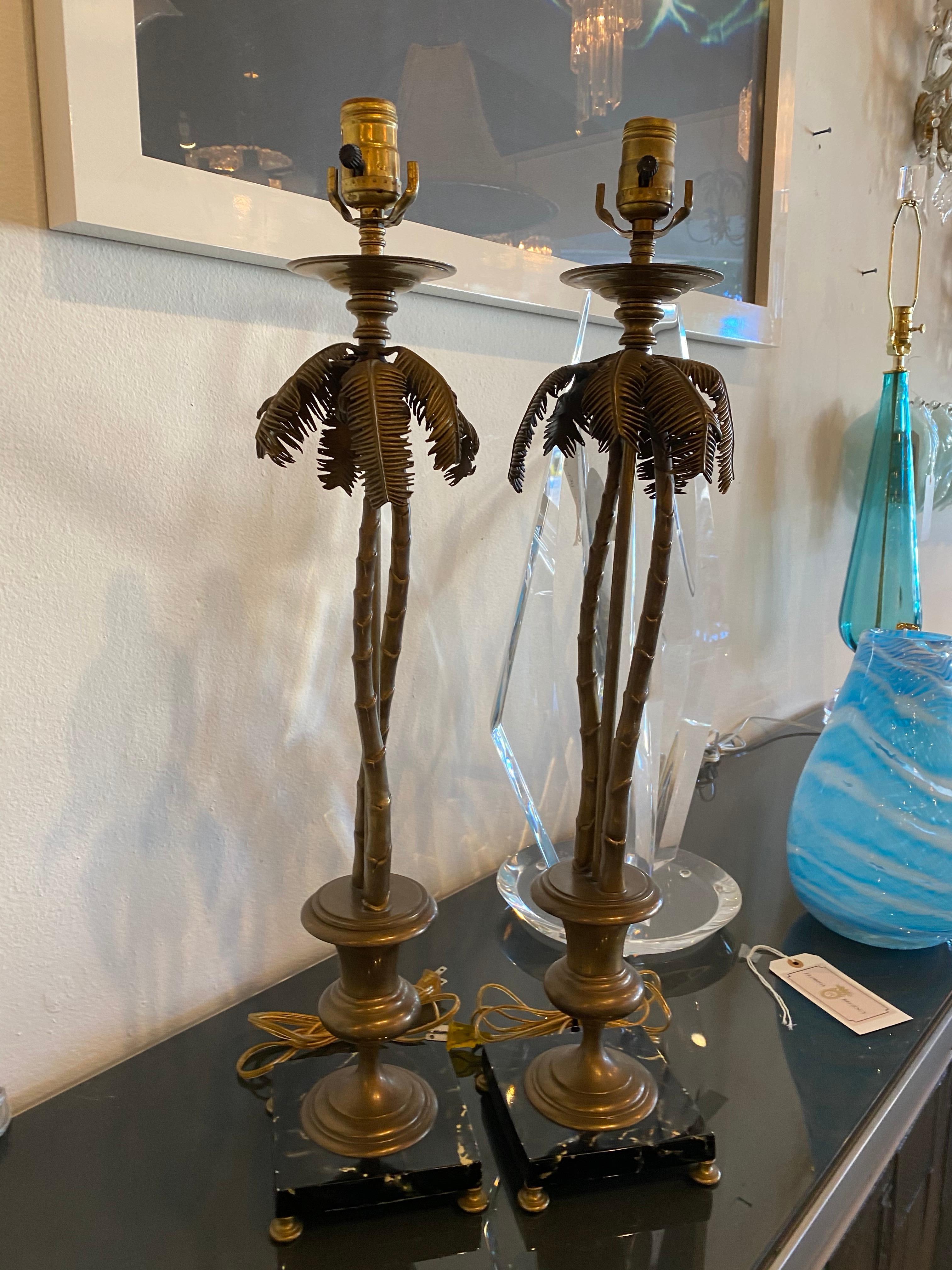 Vintage Pair of Tropical Palm Beach Brass Marble Palm Tree Table Lamps In Good Condition In West Palm Beach, FL