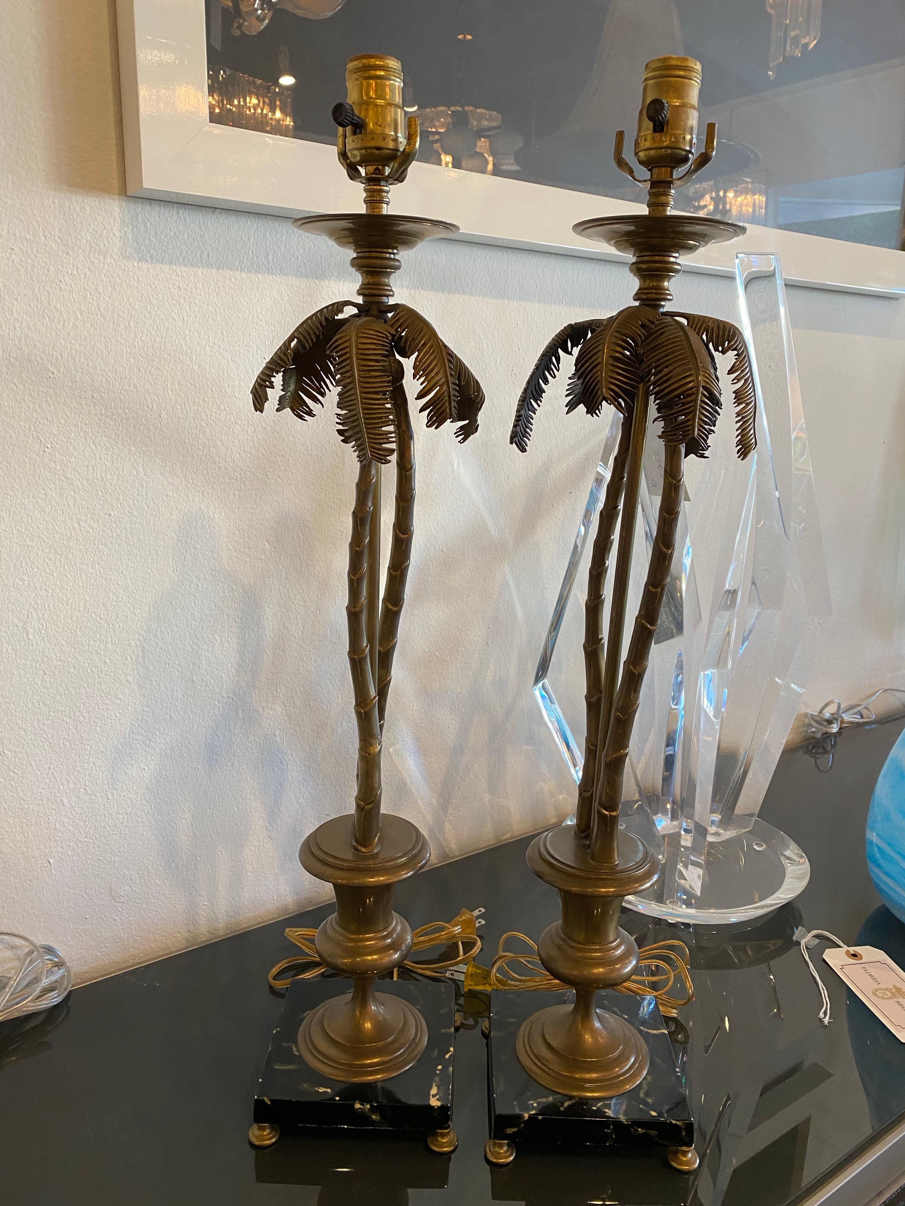 Late 20th Century Vintage Pair of Tropical Palm Beach Brass Marble Palm Tree Table Lamps
