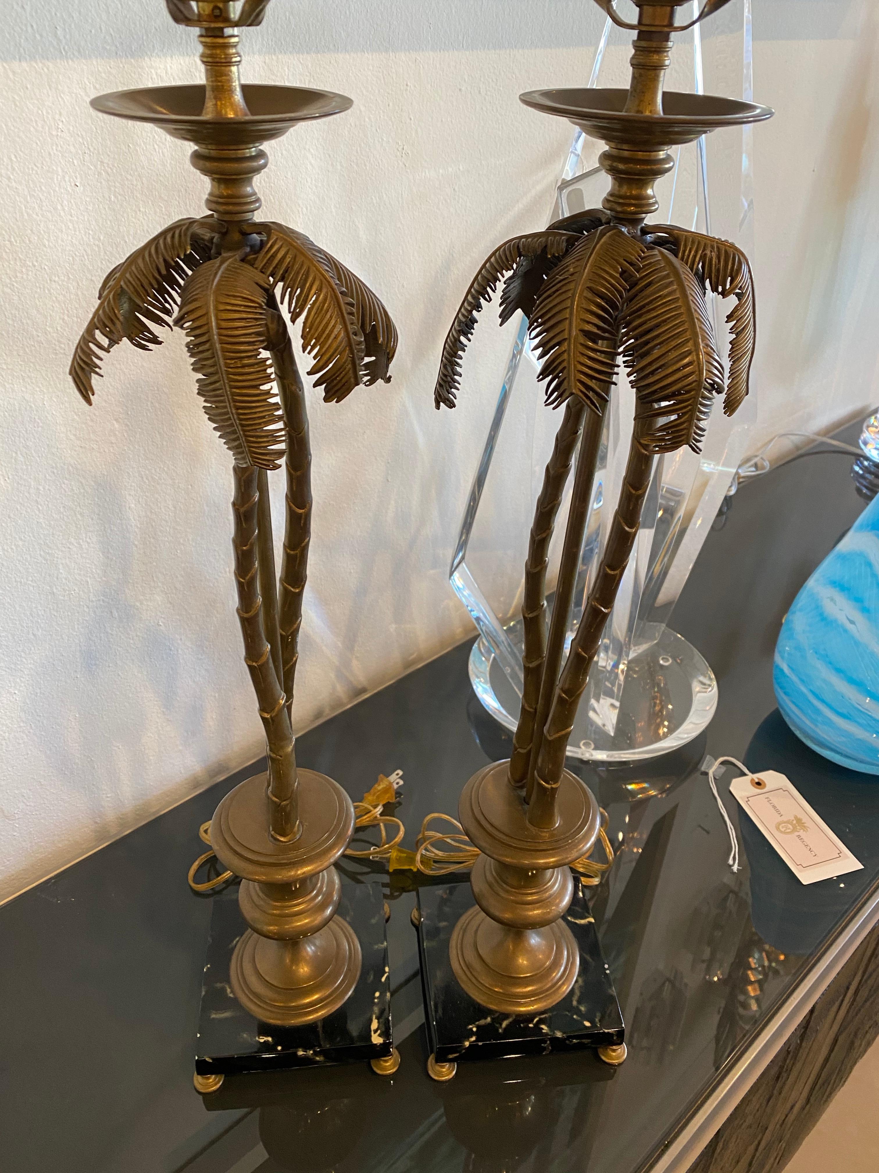 Vintage Pair of Tropical Palm Beach Brass Marble Palm Tree Table Lamps 1