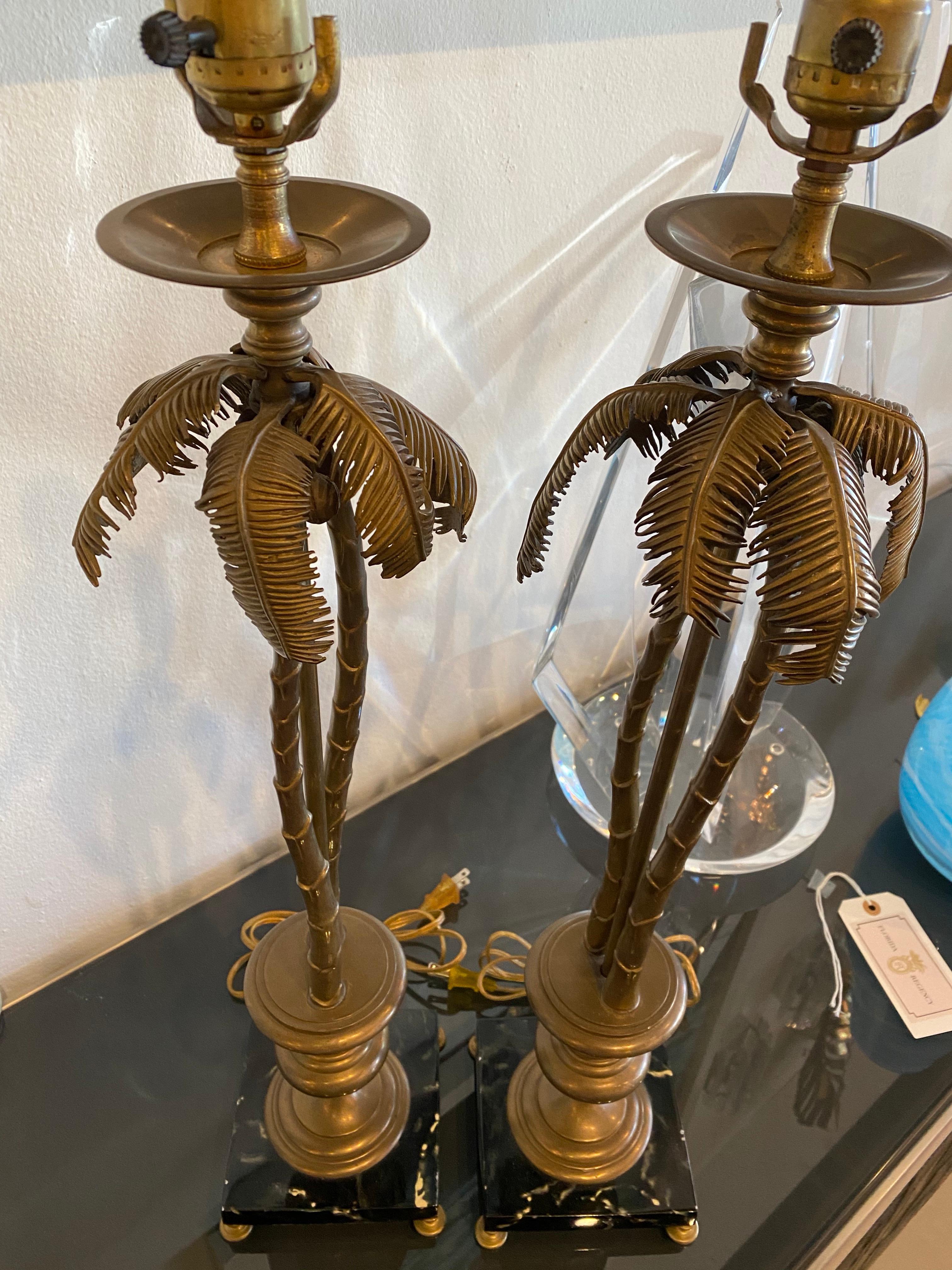 Vintage Pair of Tropical Palm Beach Brass Marble Palm Tree Table Lamps 2