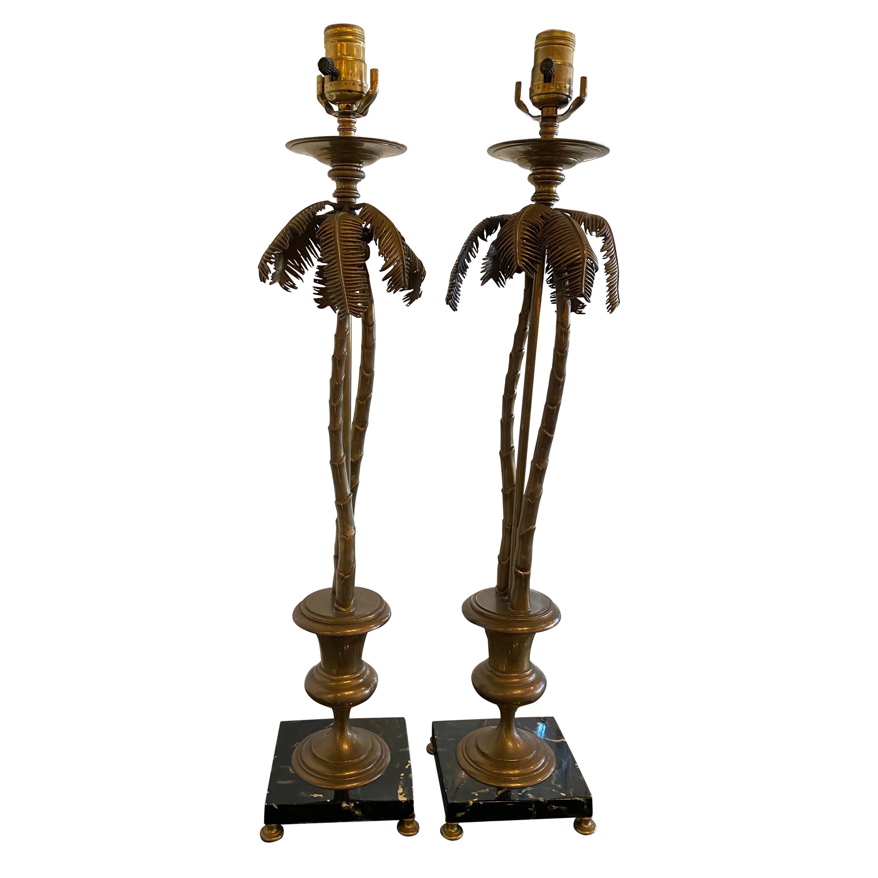 Vintage Pair of Tropical Palm Beach Brass Marble Palm Tree Table Lamps