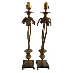 Vintage Pair of Tropical Palm Beach Brass Marble Palm Tree Table Lamps