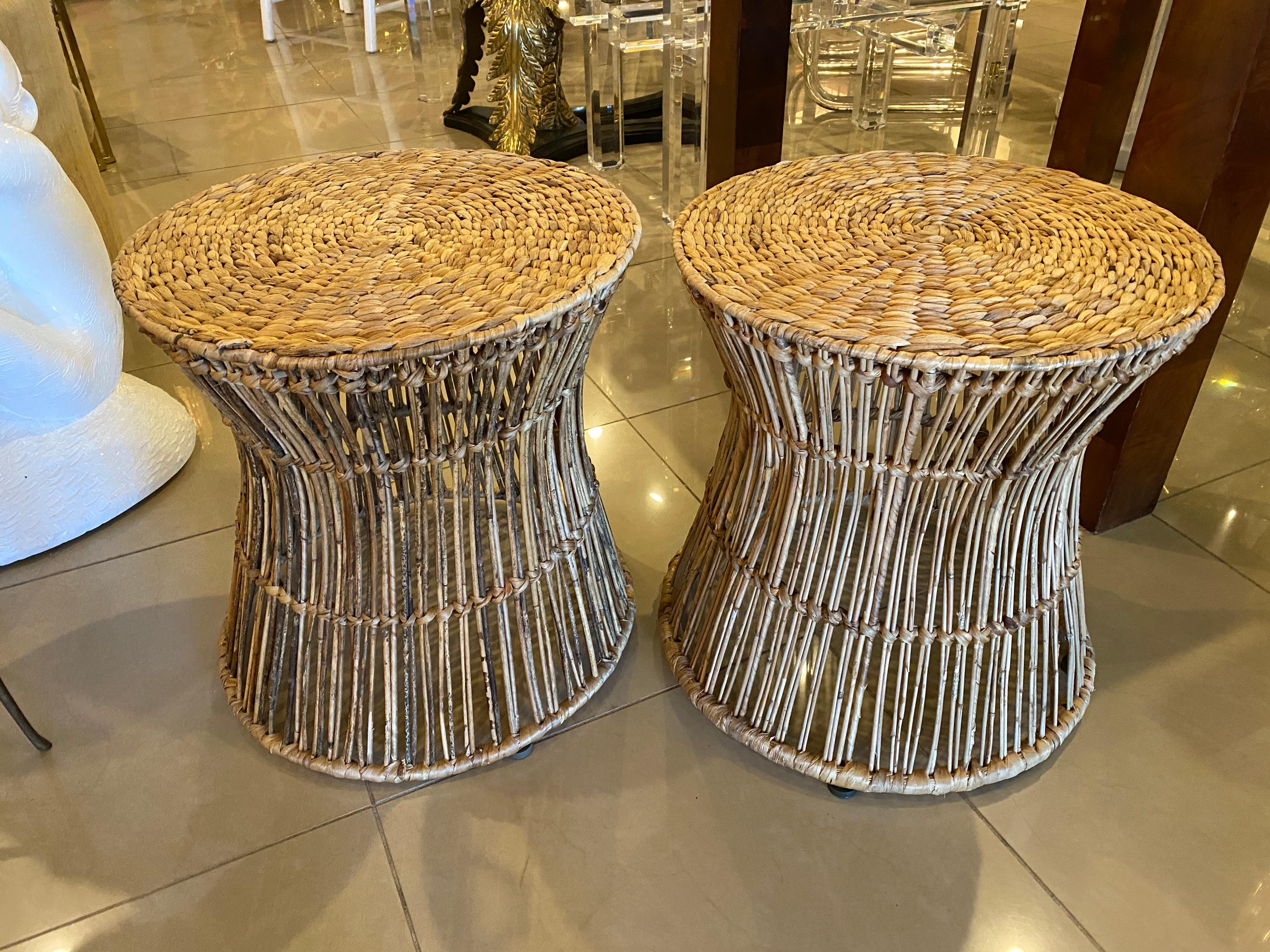 Vintage Pair of Tropical Palm Beach Rattan and Seagrass Stools Benches Ottomans 3