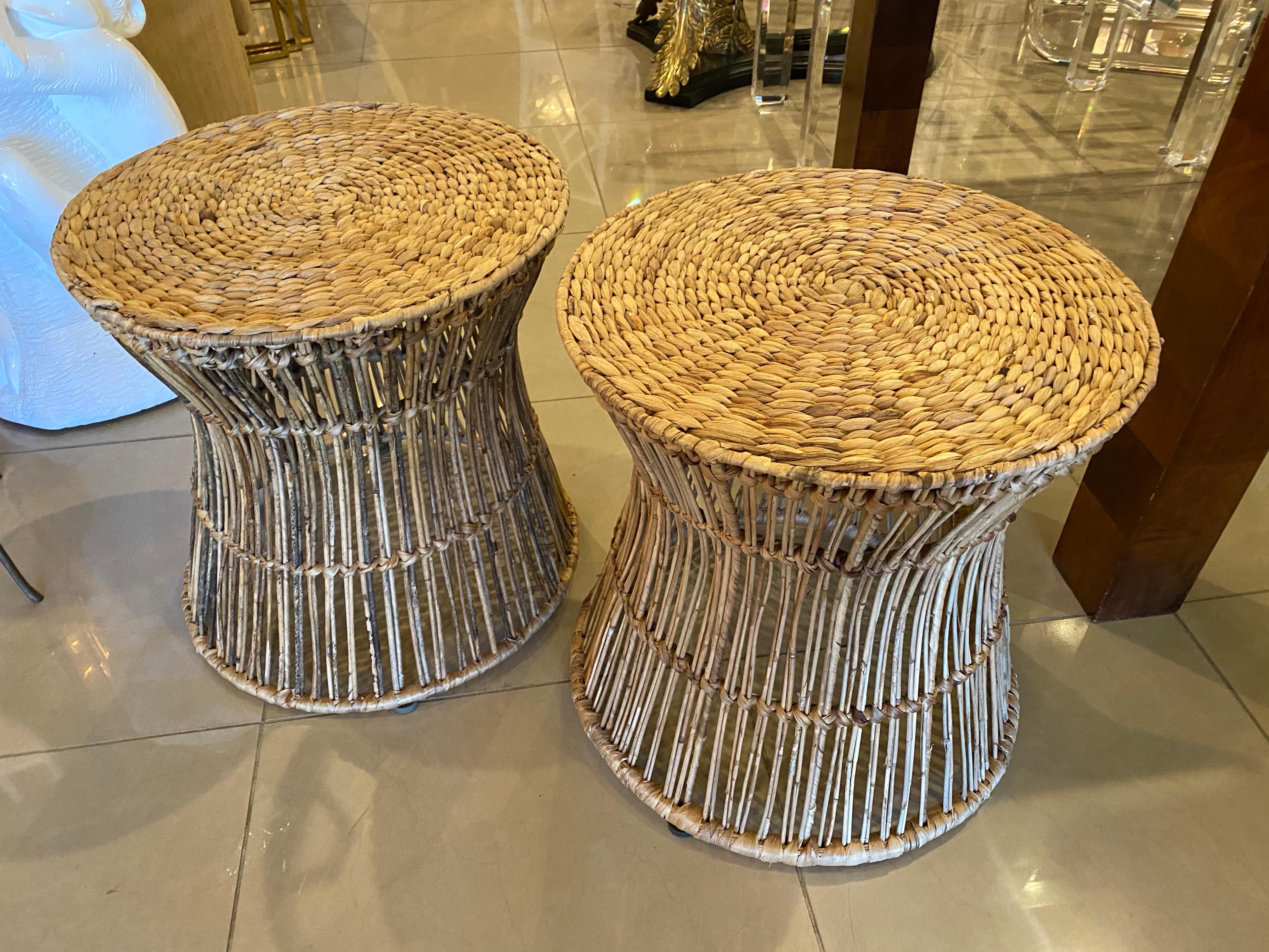 Vintage Pair of Tropical Palm Beach Rattan and Seagrass Stools Benches Ottomans 4