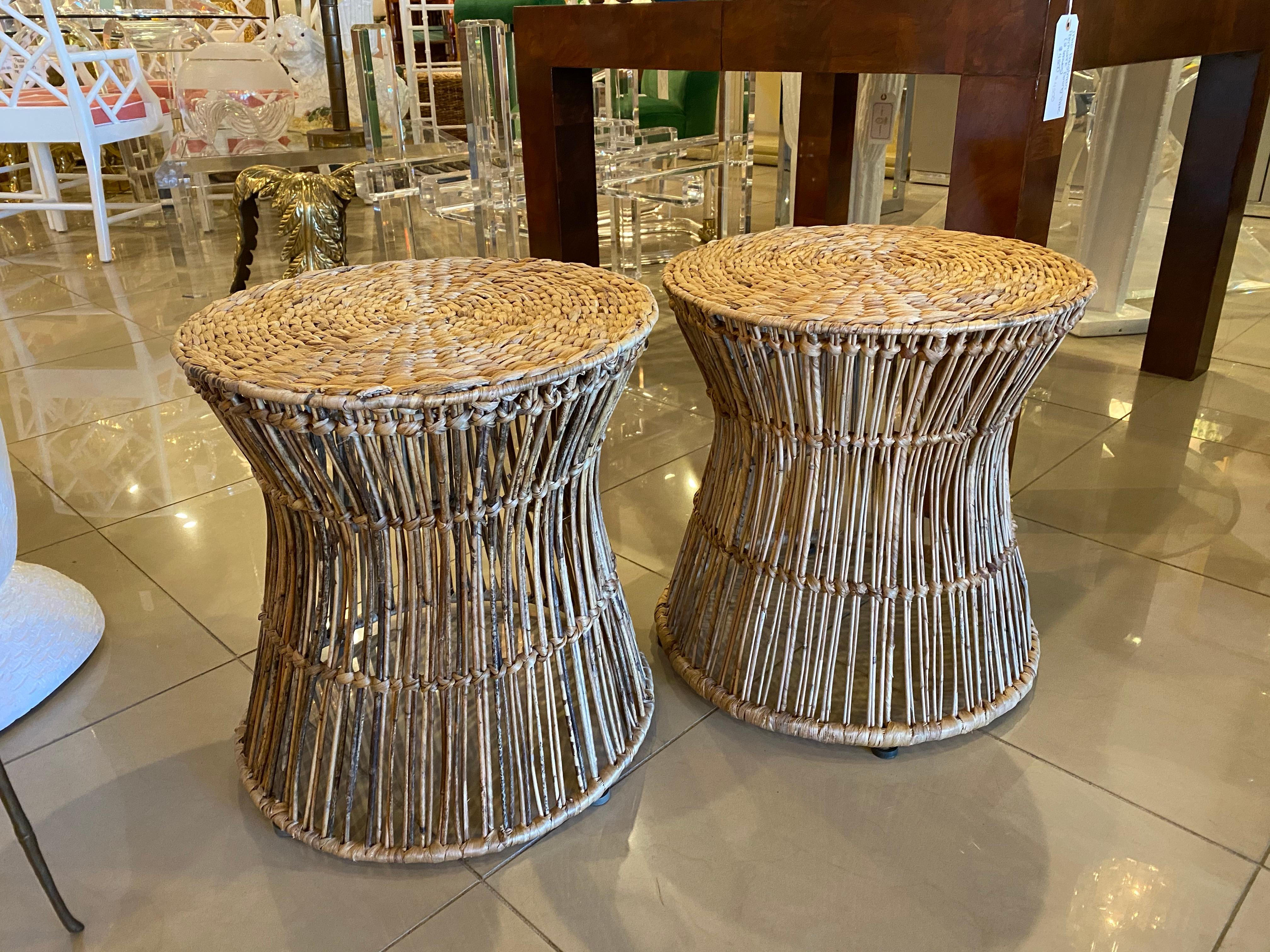 Hollywood Regency Vintage Pair of Tropical Palm Beach Rattan and Seagrass Stools Benches Ottomans