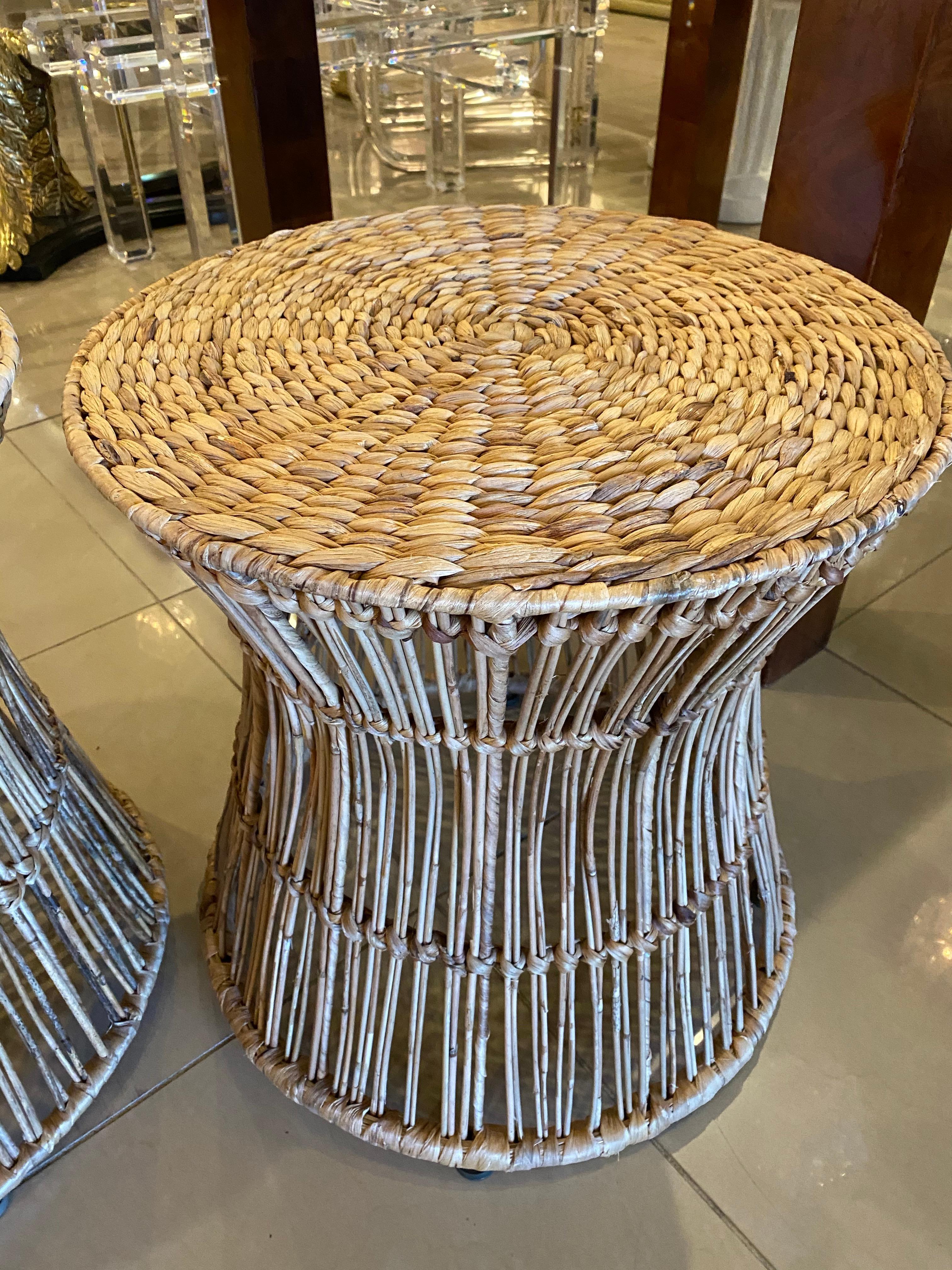 Vintage Pair of Tropical Palm Beach Rattan and Seagrass Stools Benches Ottomans In Good Condition In West Palm Beach, FL