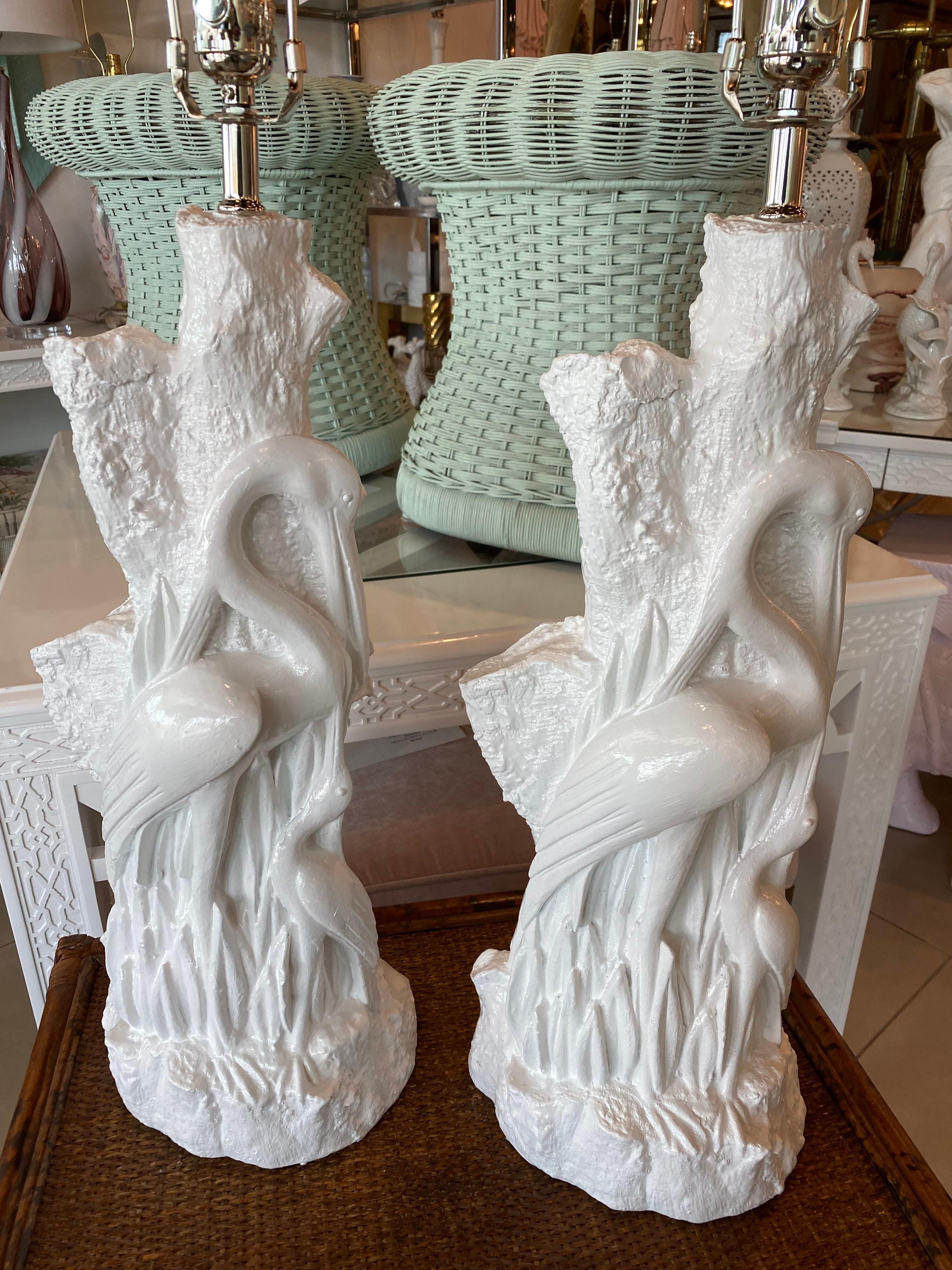 Vintage Pair of Tropical Plaster Bird White Heron Table Lamps Newly Wired 3