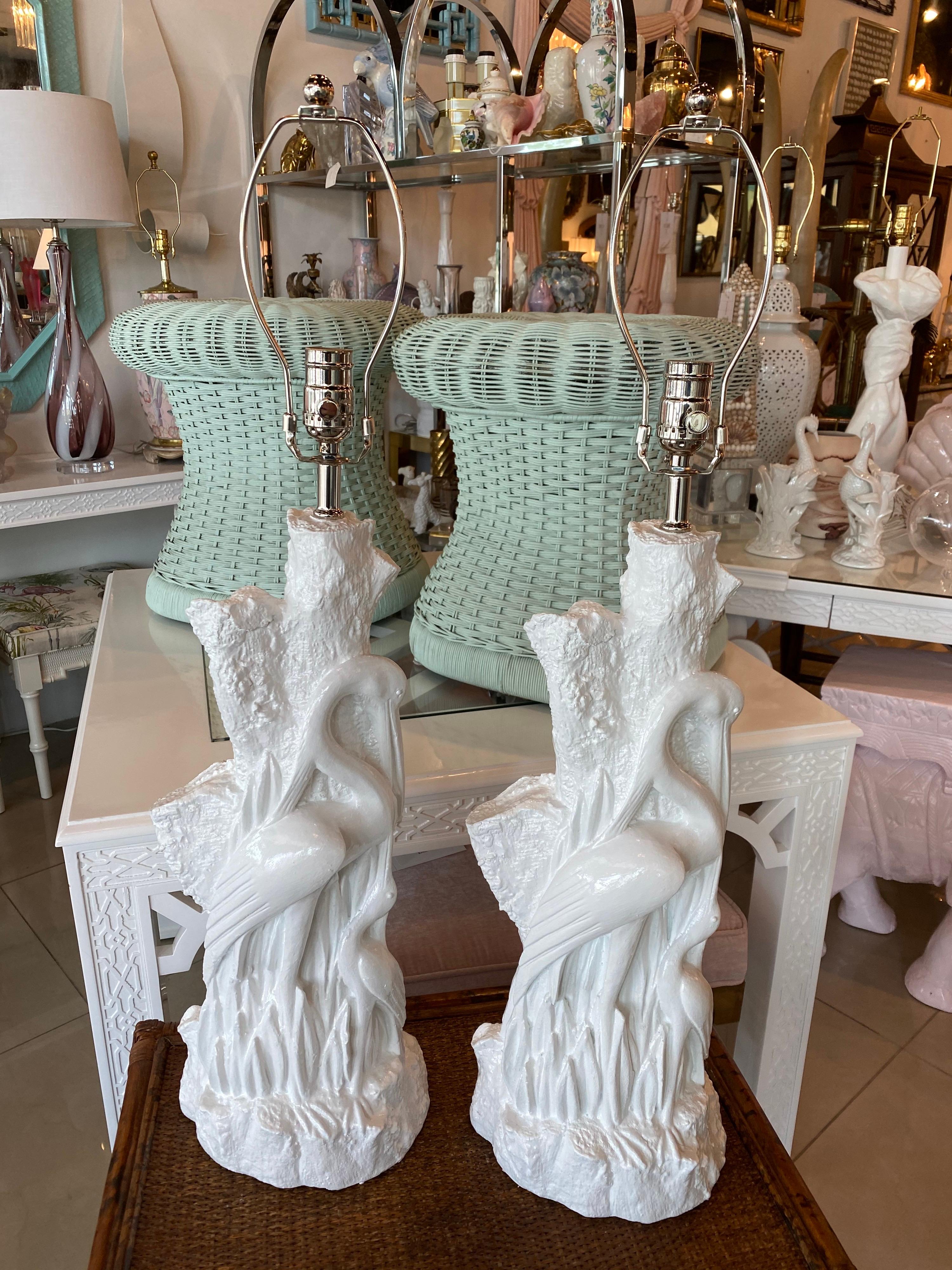 Wonderful pair of vintage plaster bird White Heron table lamps. Completely restored to perfection! Newly wired, all new nickel hardware with 3 way sockets. 
Measures: 31.5 tall to top of finial
25.25 tall to top of socket.