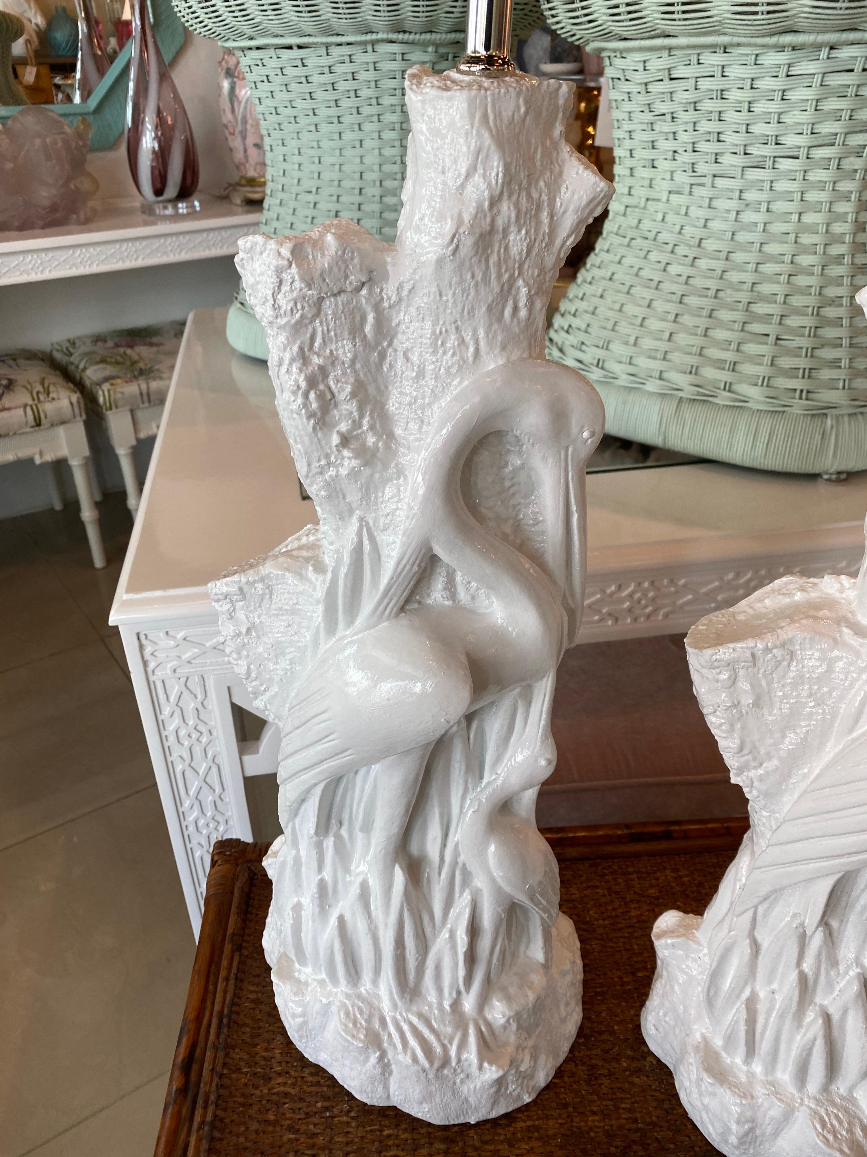 American Vintage Pair of Tropical Plaster Bird White Heron Table Lamps Newly Wired