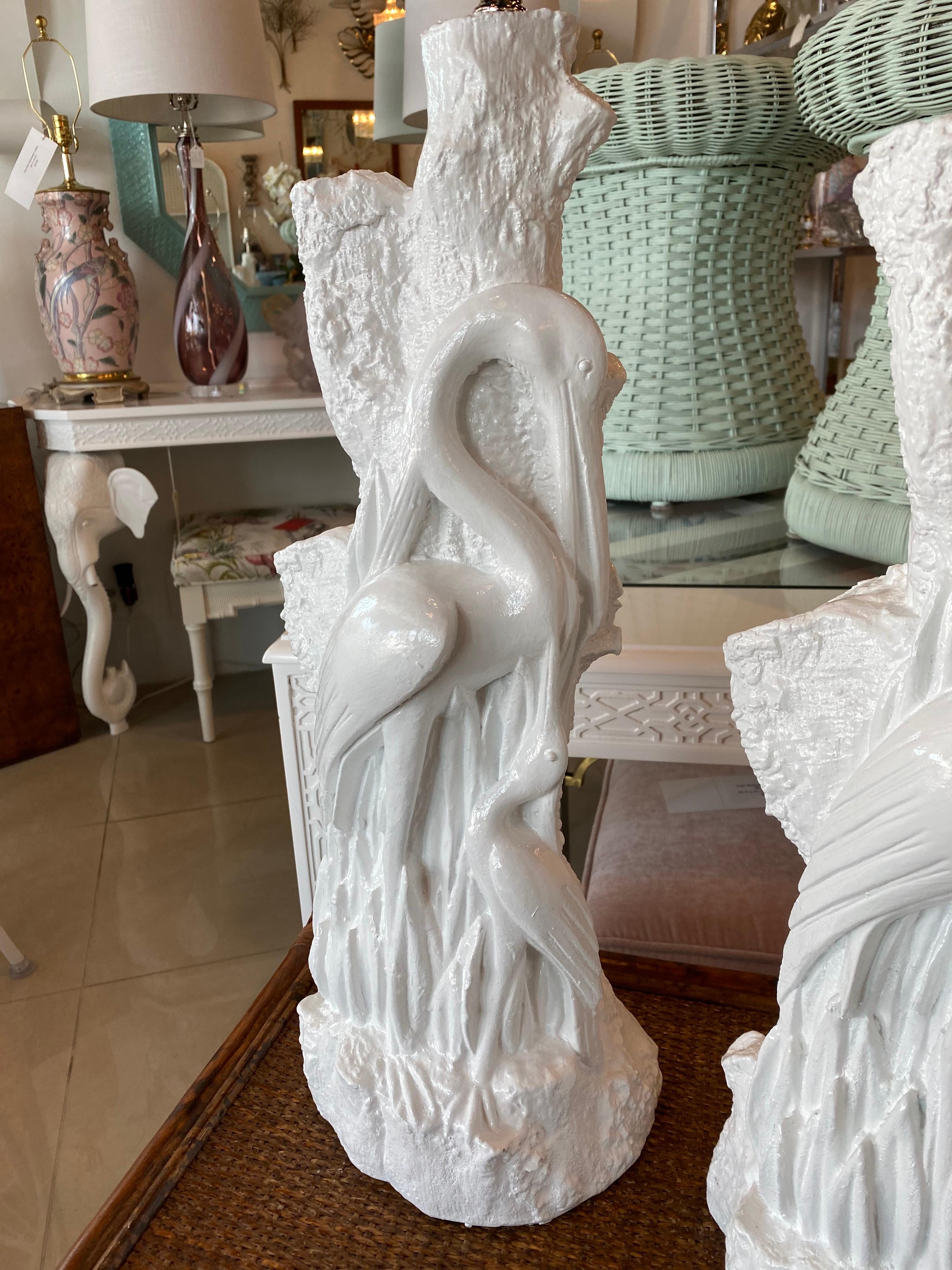 Late 20th Century Vintage Pair of Tropical Plaster Bird White Heron Table Lamps Newly Wired
