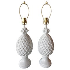 Vintage Pair of Tropical White Plaster Pineapple Table Lamps New Wired Brass