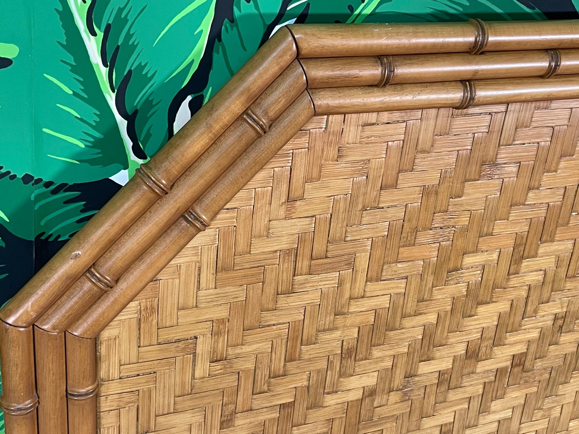 Woven Herringbone Rattan and Brass Faux Bamboo Twin Headboard Pair In Good Condition In Jacksonville, FL