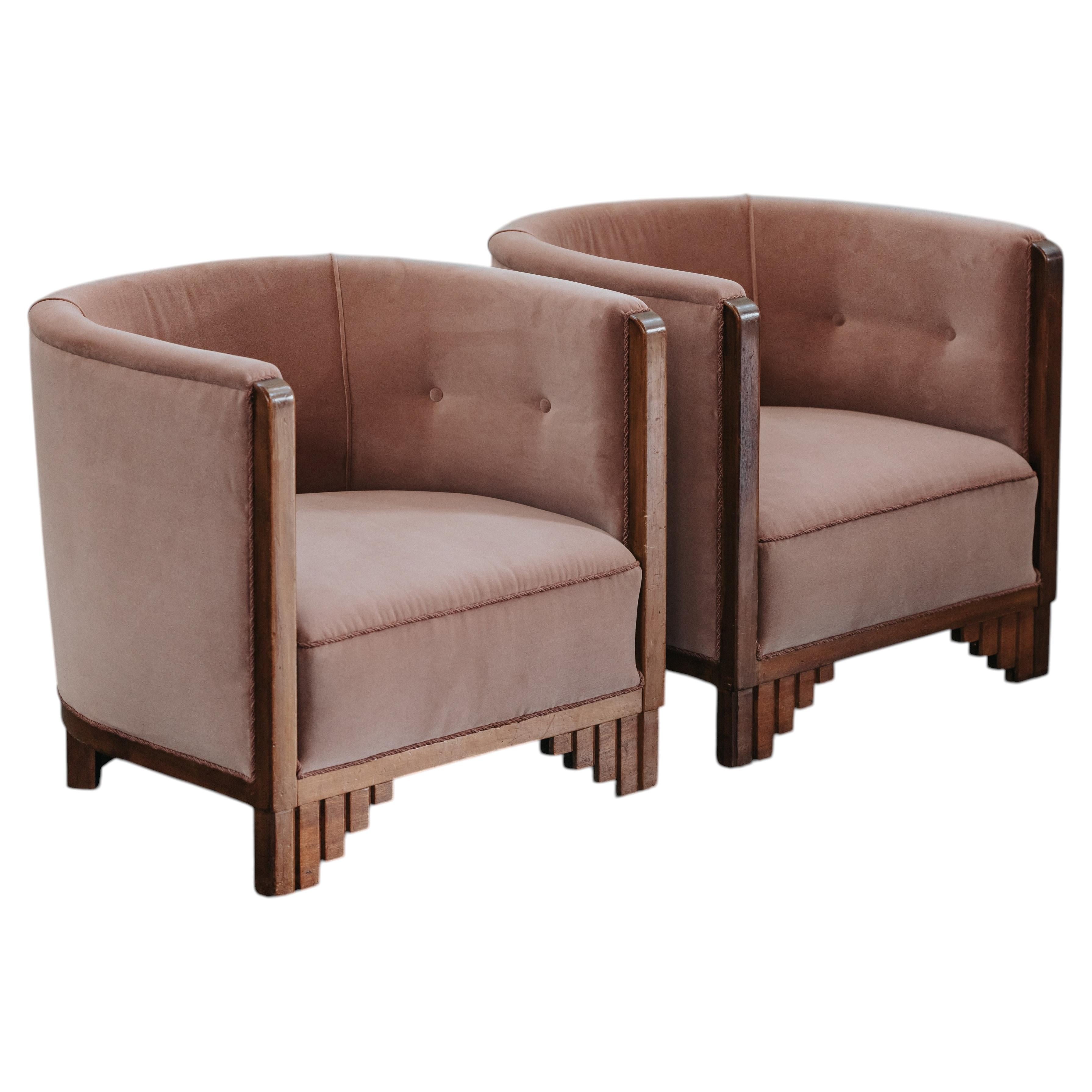 Vintage Pair Of Velvet Cabinetmaker Club Chairs From Denmark, Circa 1950