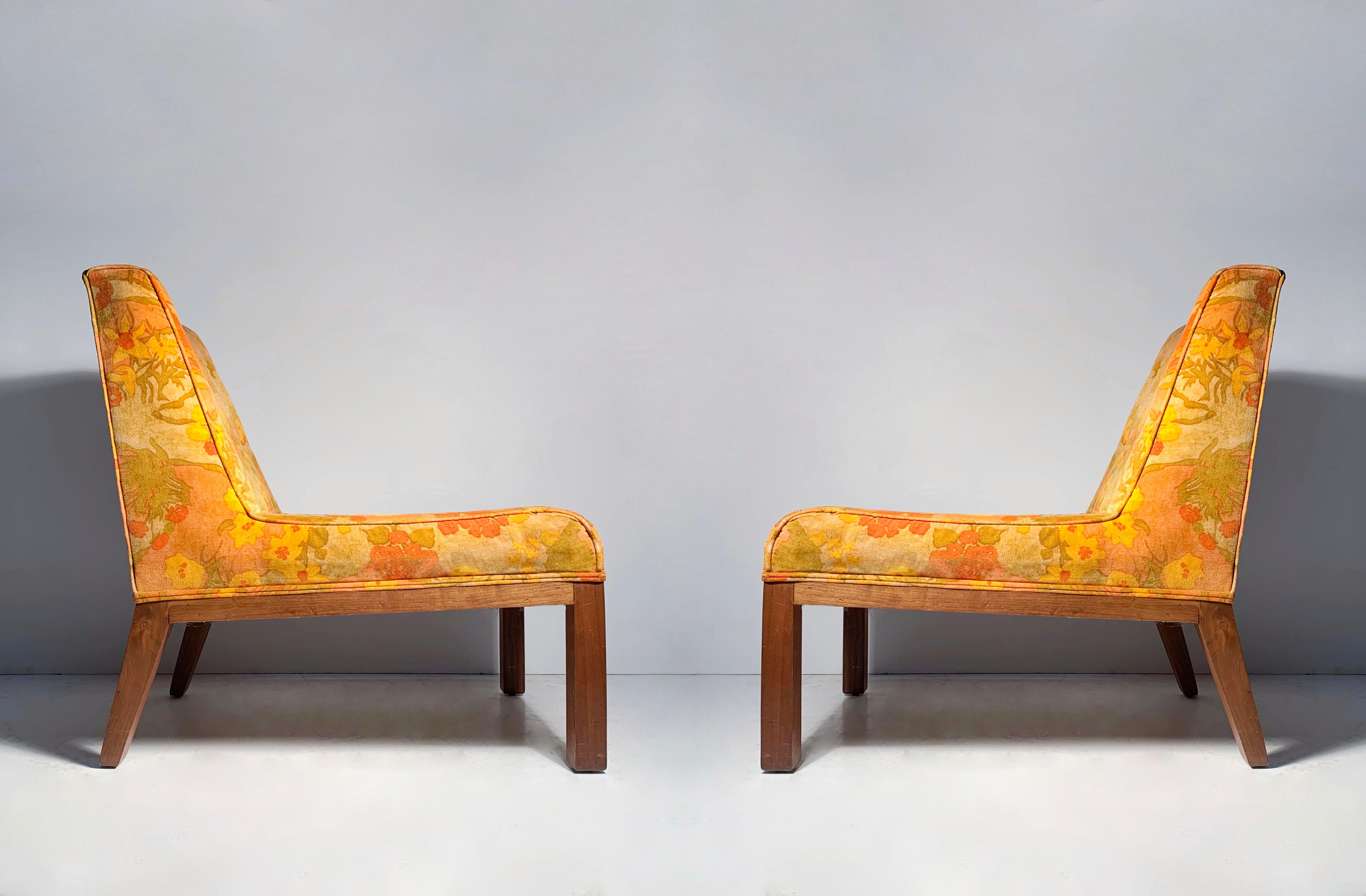 Vintage Pair of Velvet Slipper Chairs in manner of Edward Wormley for Dunbar.  High quality wood Parsons Leg Design construction.  These are being sold with the original upholstery that is attributed to Anthony Ballatore for Jack Lenor Larsen. There