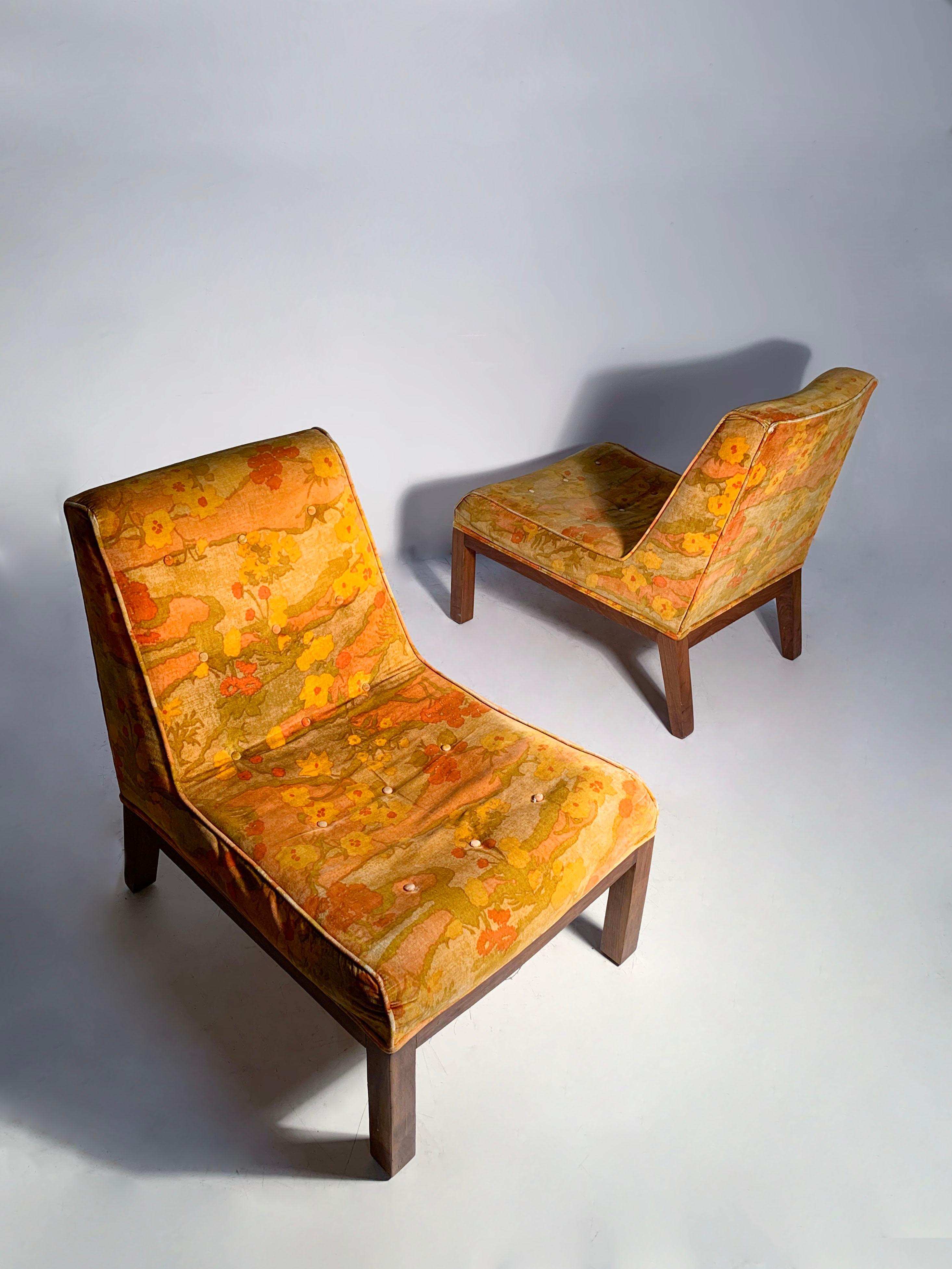Mid-Century Modern Paire de chaises pantoufles vintage en tissu original Jack Lenor Larsen en vente