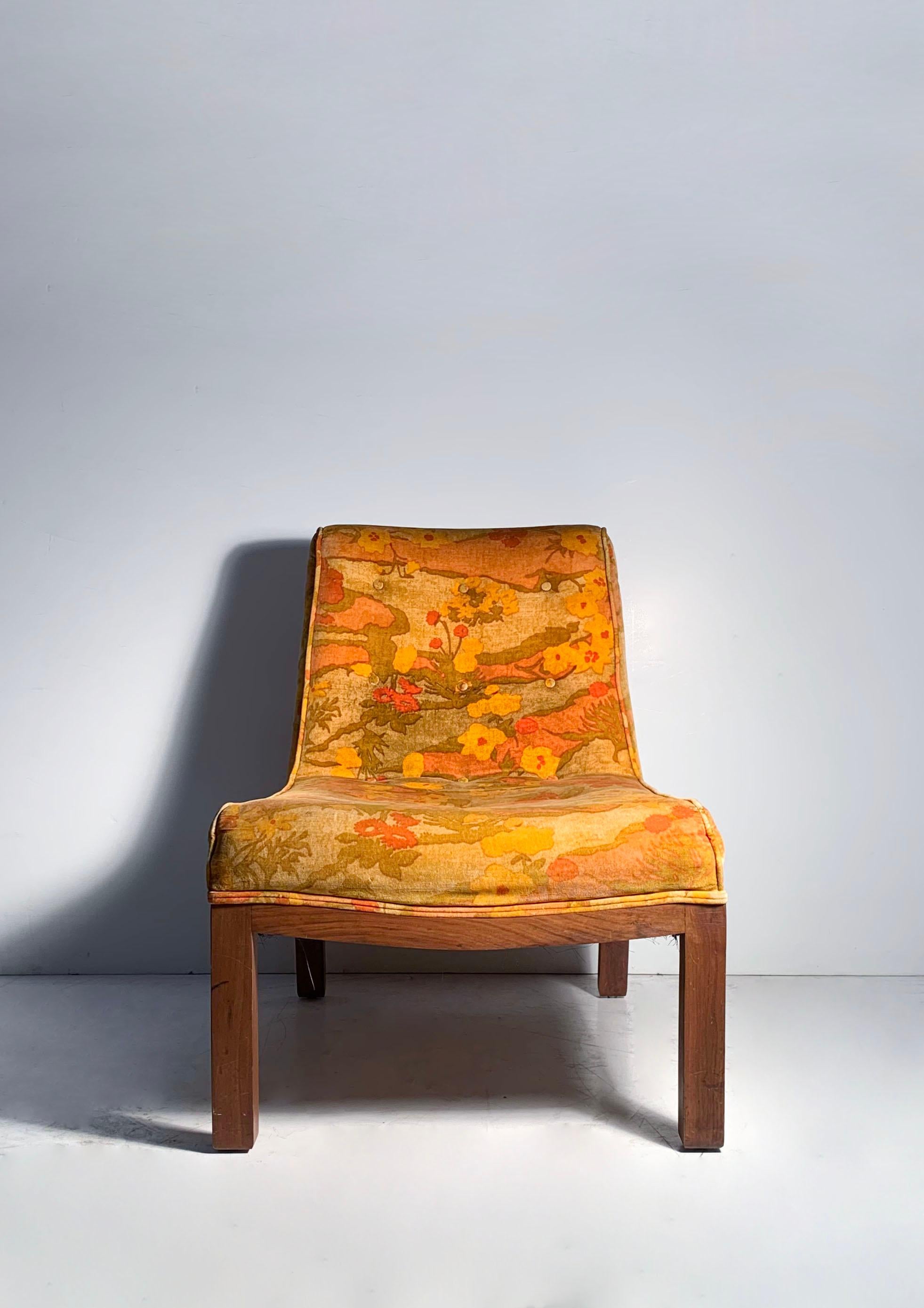 Mid-Century Modern Vintage Pair of Velvet Slipper Chairs in Original Jack Lenor Larsen Fabric For Sale