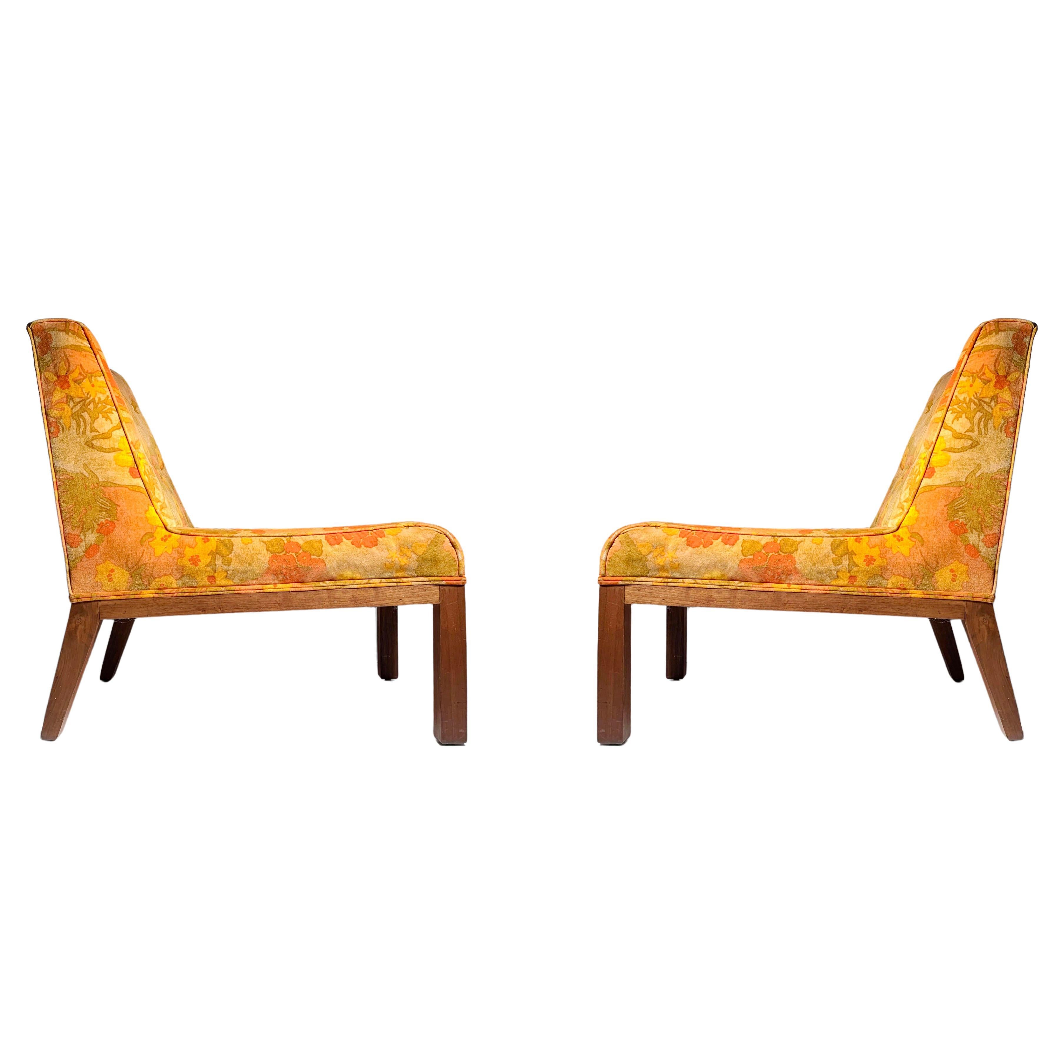Vintage Pair of Velvet Slipper Chairs in Original Jack Lenor Larsen Fabric