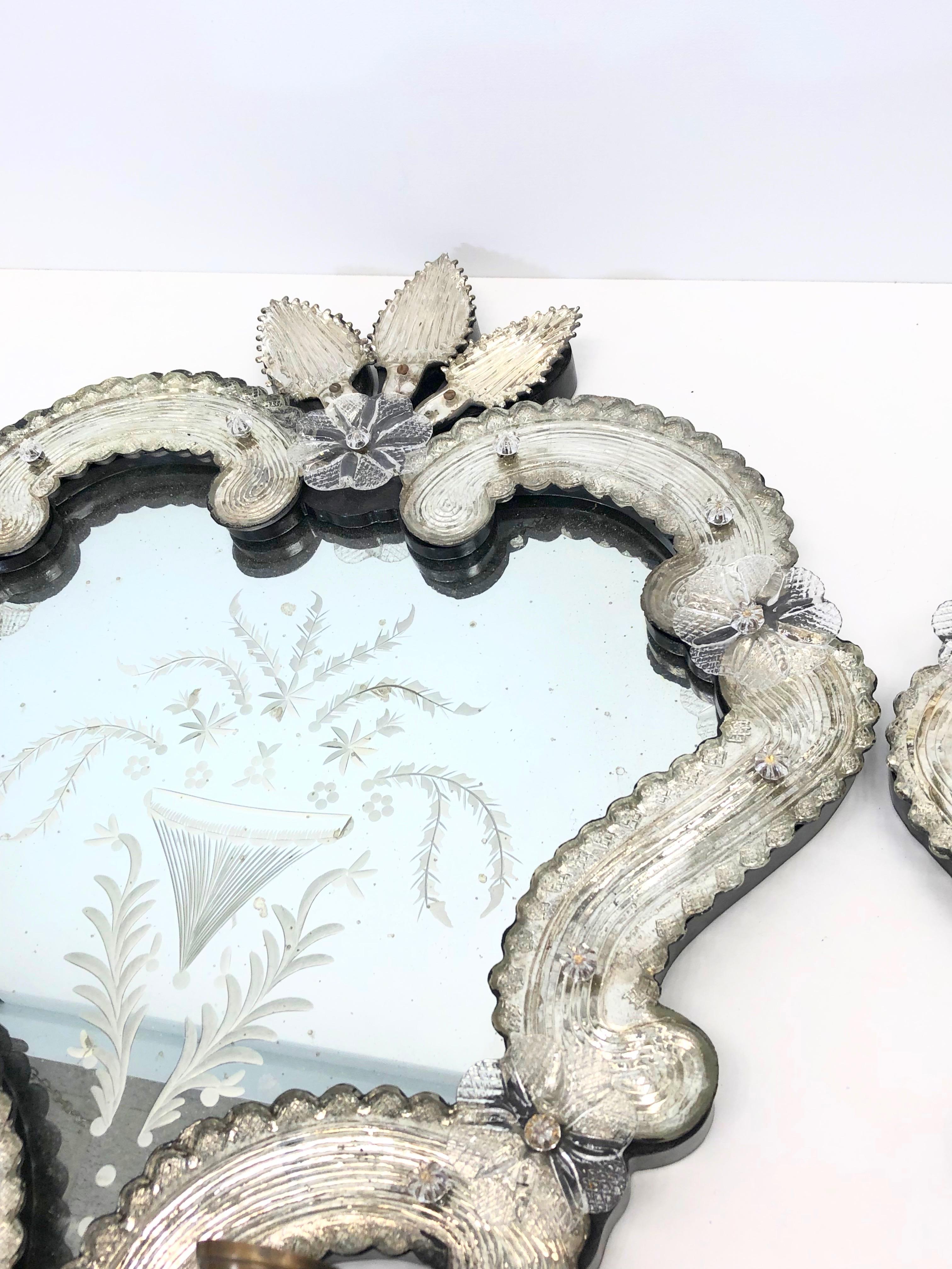 Mid-20th Century Vintage Pair of Venetian Murano Glass Mirror Sconces for Candles Candlestick