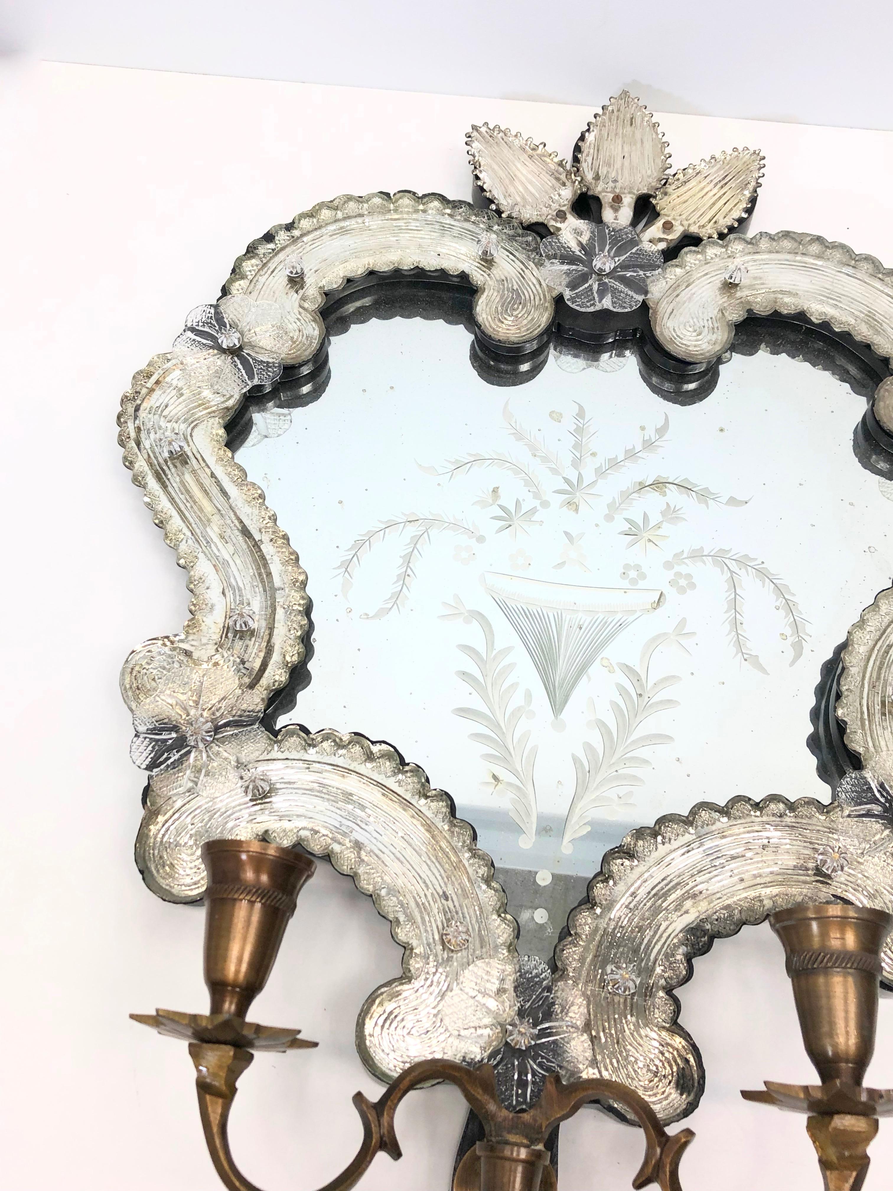 Vintage Pair of Venetian Murano Glass Mirror Sconces for Candles Candlestick For Sale 1
