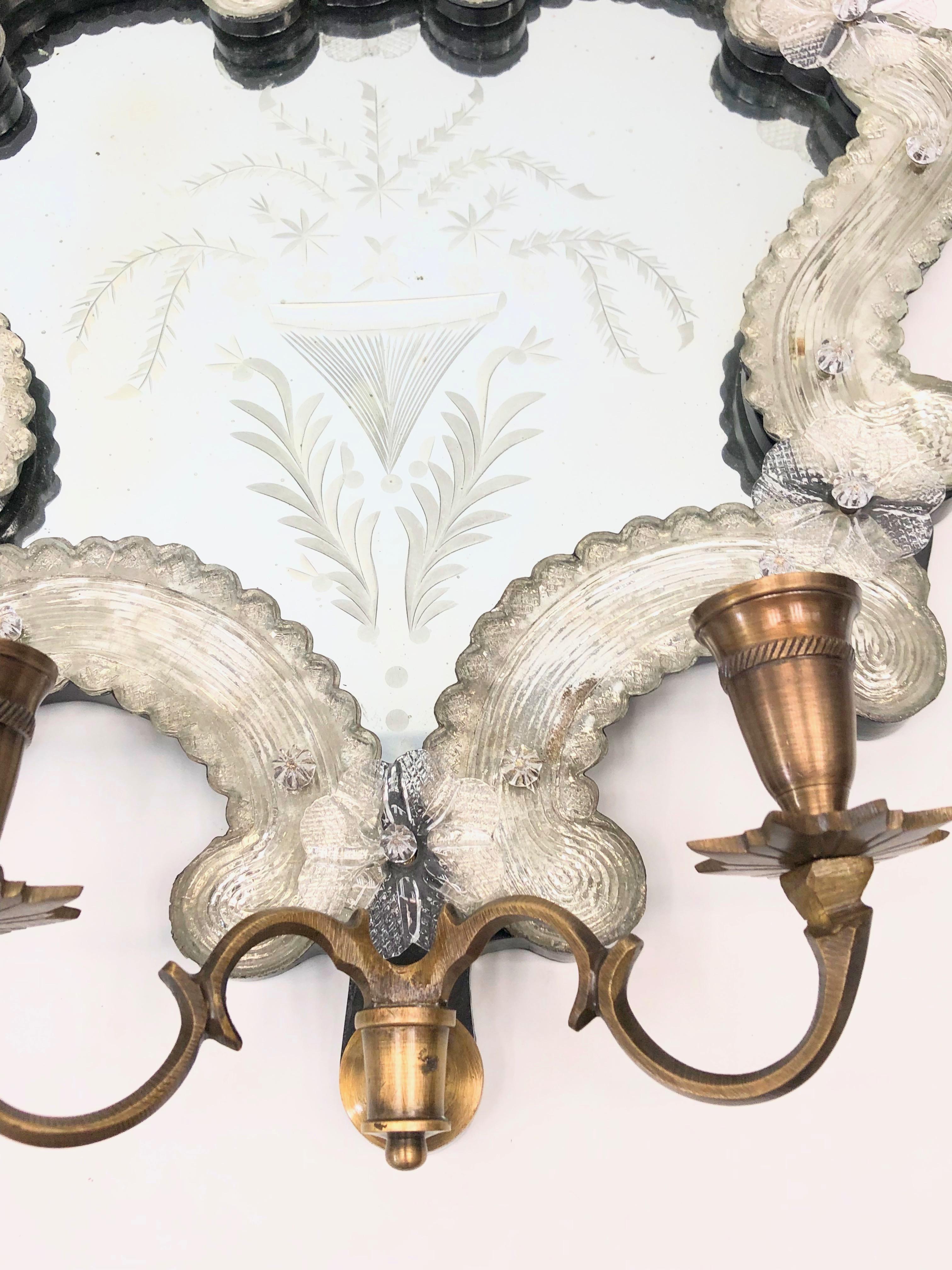Vintage Pair of Venetian Murano Glass Mirror Sconces for Candles Candlestick For Sale 3