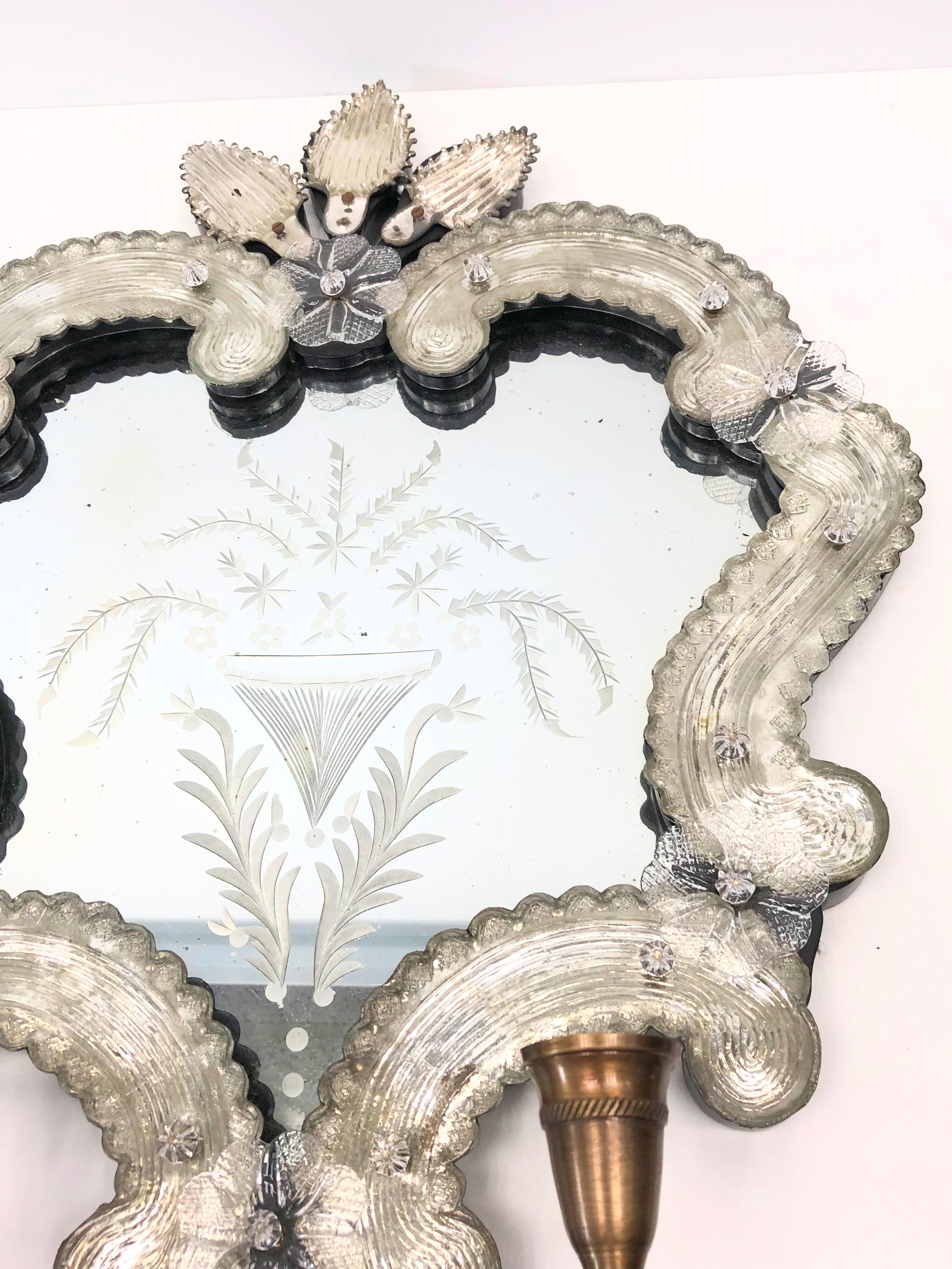 Vintage Pair of Venetian Murano Glass Mirror Sconces for Candles Candlestick 4