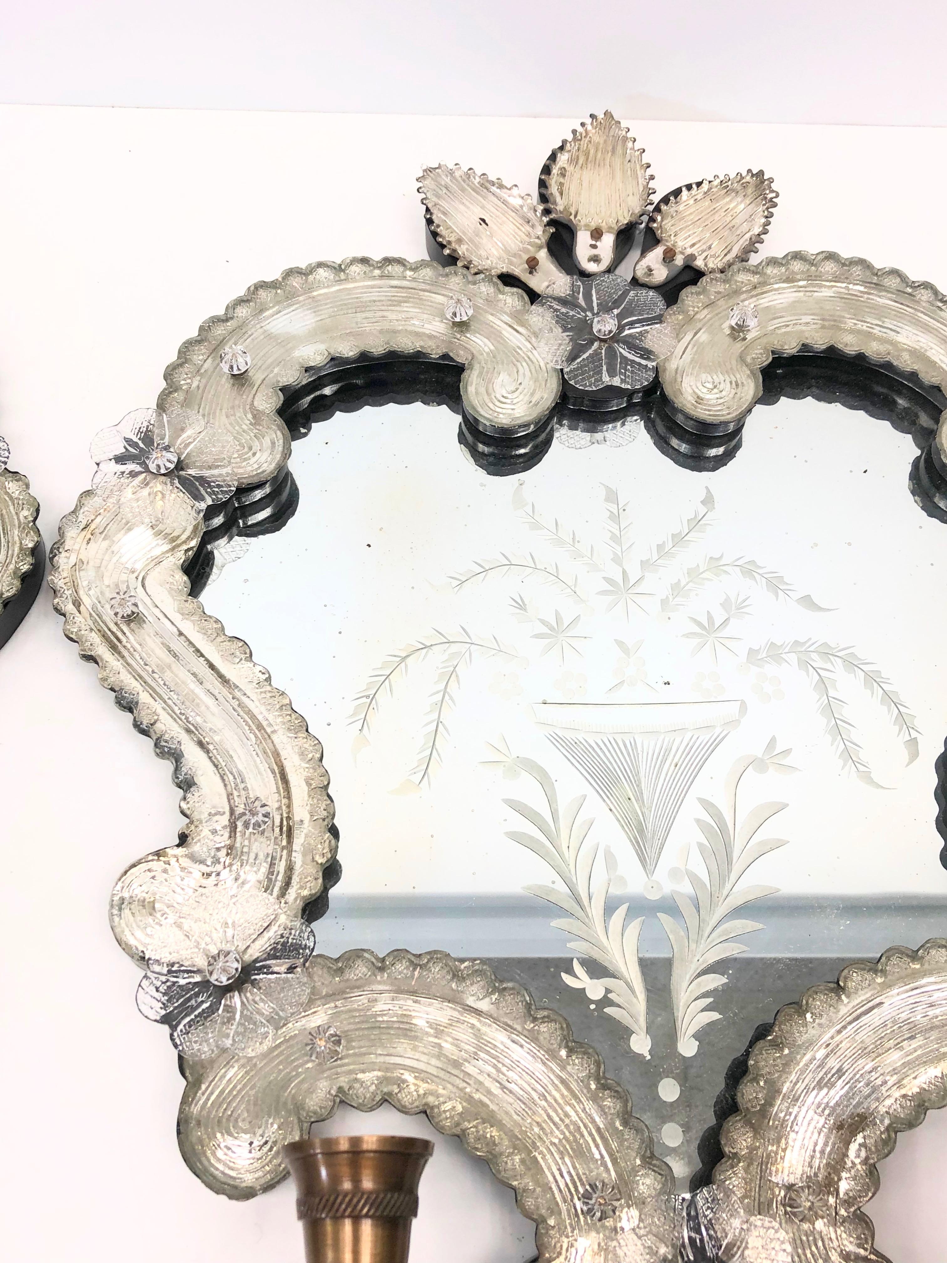 Paar venezianische Muranoglas-Spiegelleuchter für Kerzenständer, Vintage im Angebot 8