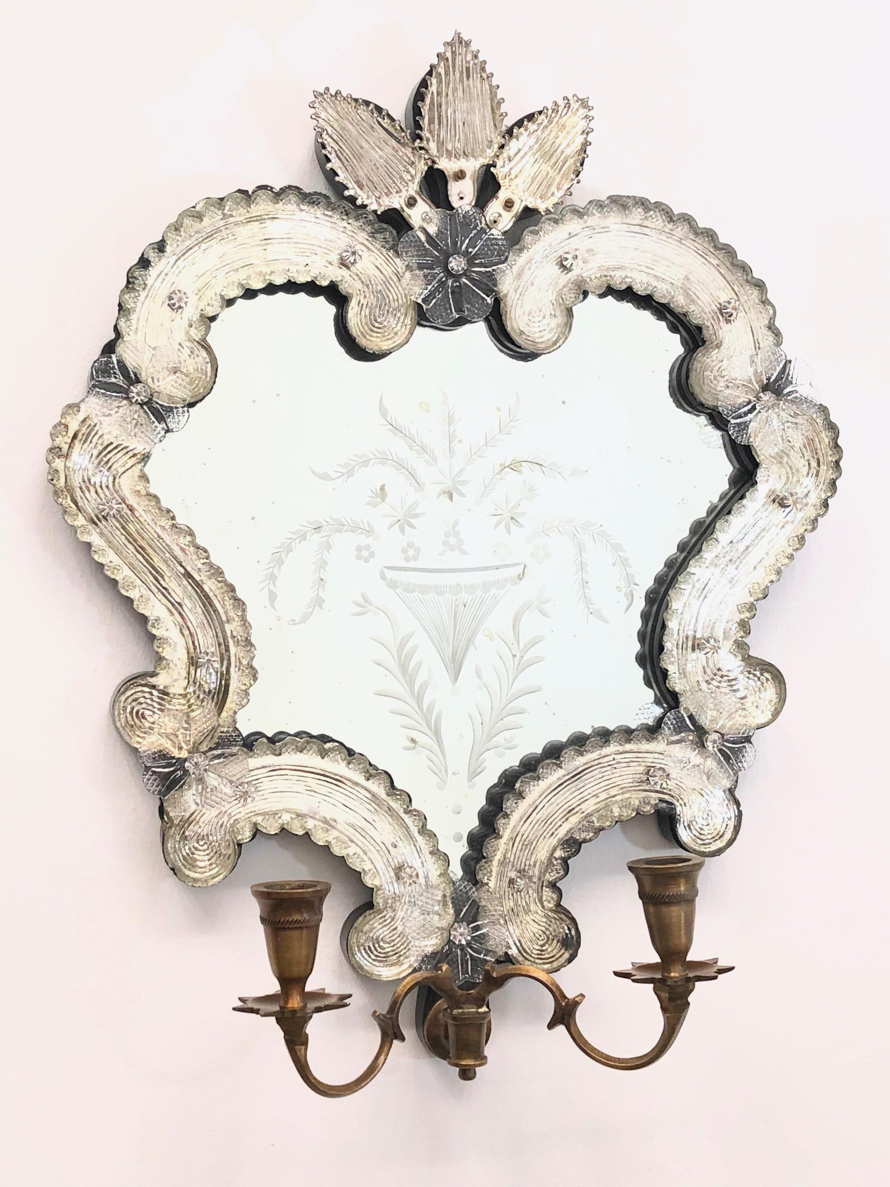 Vintage Pair of Venetian Murano Glass Mirror Sconces for Candles Candlestick 7