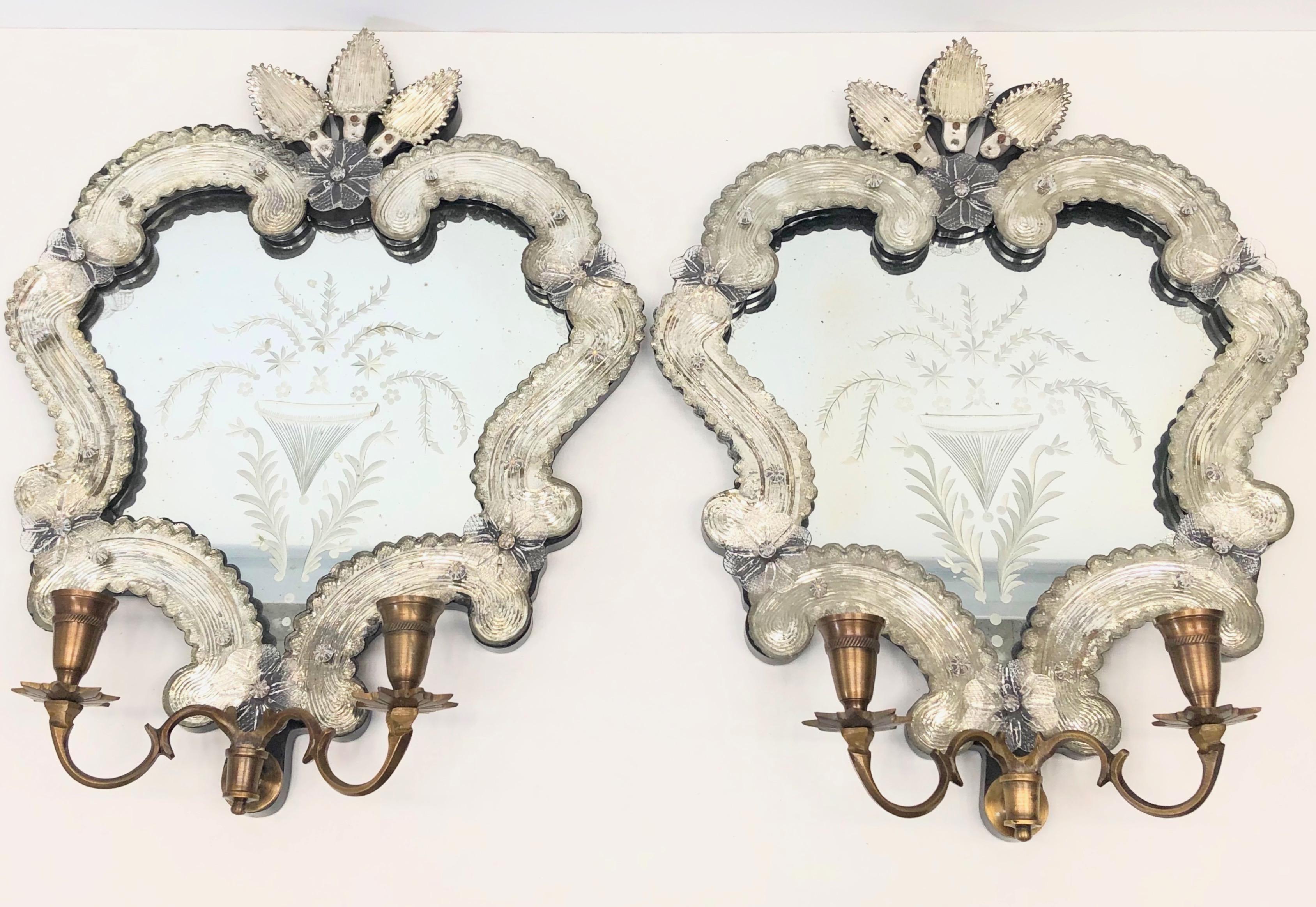 Rococo Revival Vintage Pair of Venetian Murano Glass Mirror Sconces for Candles Candlestick For Sale