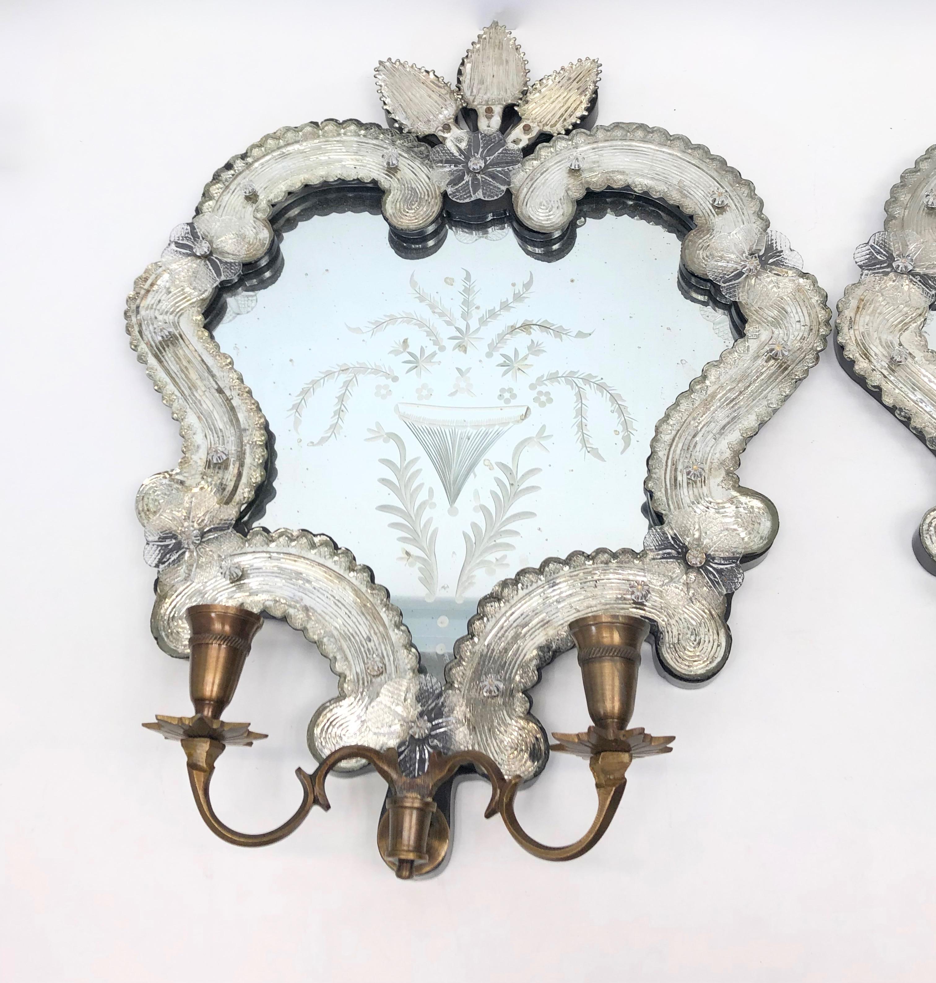 Hand-Crafted Vintage Pair of Venetian Murano Glass Mirror Sconces for Candles Candlestick