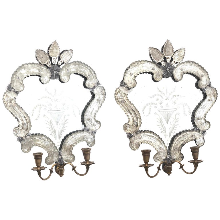Vintage Pair of Venetian Murano Glass Mirror Sconces for Candles  Candlestick For Sale at 1stDibs | mirrored wall sconces for candles, mirror  with sconces, venetian glass sconces