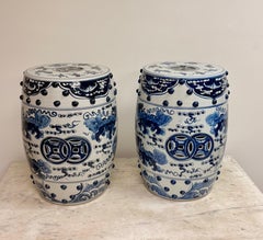 Vintage Pair of Vibrant Blue & White Garden Stools with Dragon Motif
