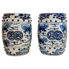 Vintage Pair of Vibrant Blue & White Garden Stools with Dragon Motif