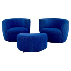Vintage Pair of Vladimir Kagan Nautilus Swivel Lounge Chairs & Ottoman