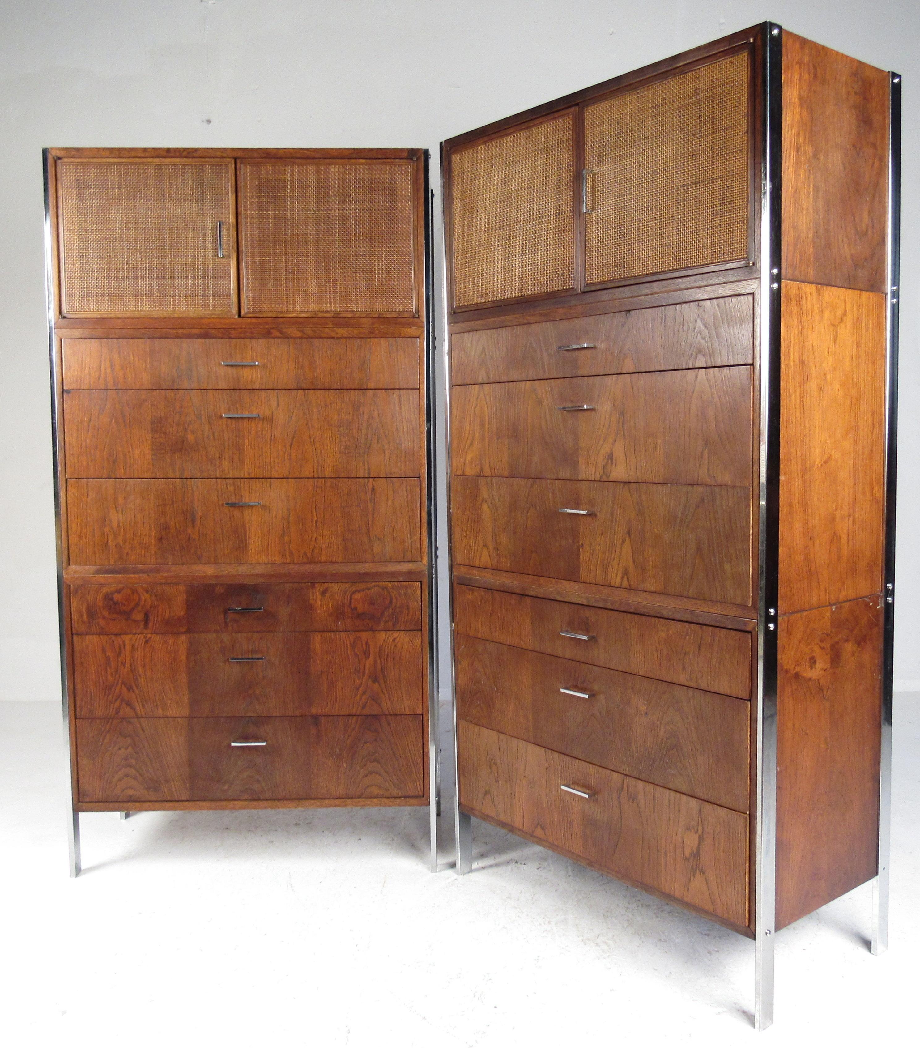 Unique matching pair of six-drawer highboy dressers with cane door storage compartment on top. Vintage walnut construction with chrome pulls and trim. Please confirm item location (NY or NJ) with dealer.