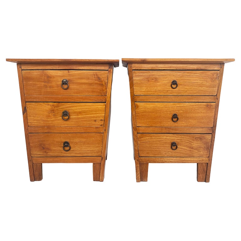 Vintage Pair of Walnut Night Stands End Tables with 3 Drawers, Ring