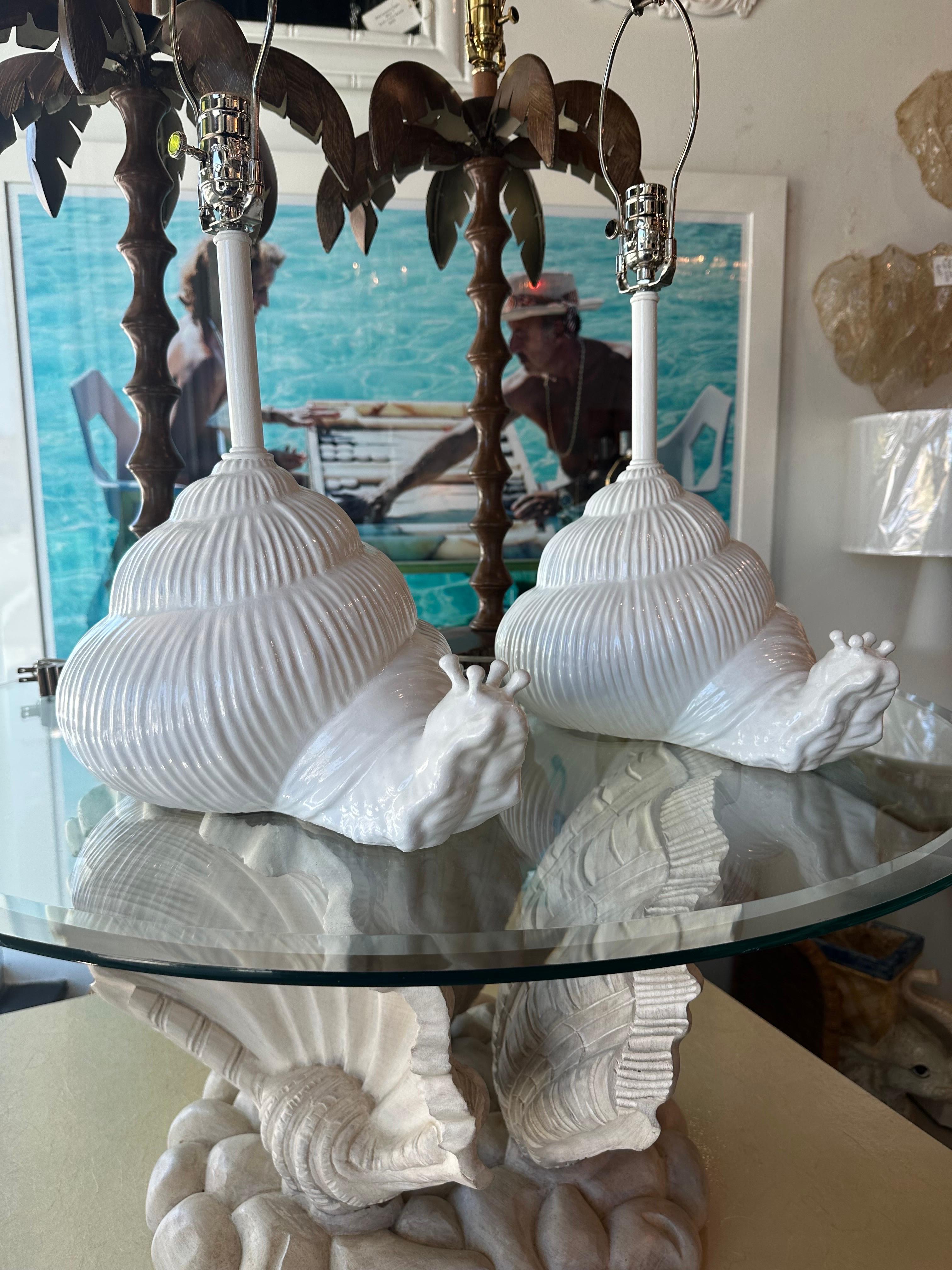 Vintage Pair of White Italian Ceramic Snail Palm Beach Table Lamps Newly Wired For Sale 5