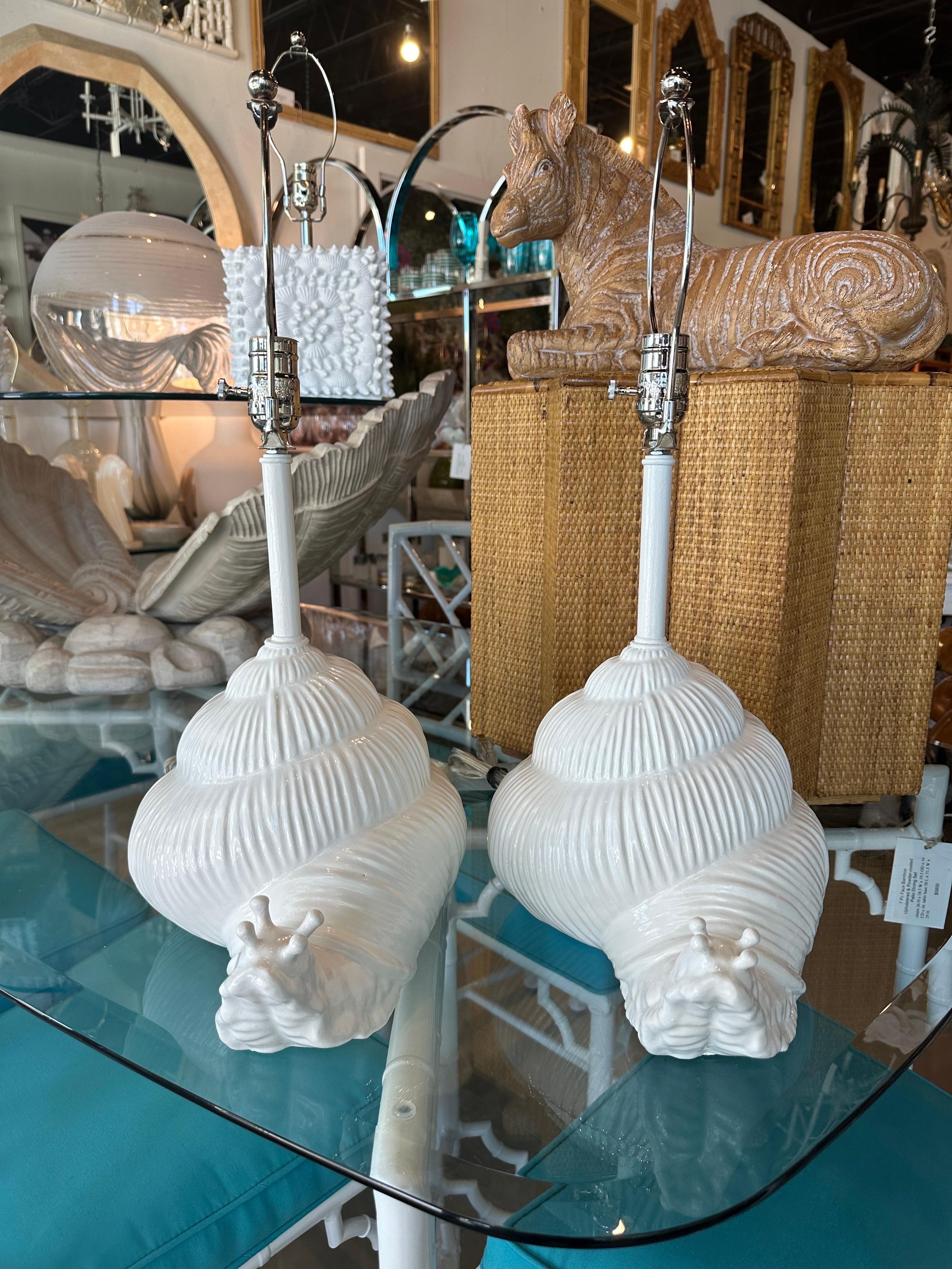 Vintage Pair of White Italian Ceramic Snail Palm Beach Table Lamps Newly Wired For Sale 10