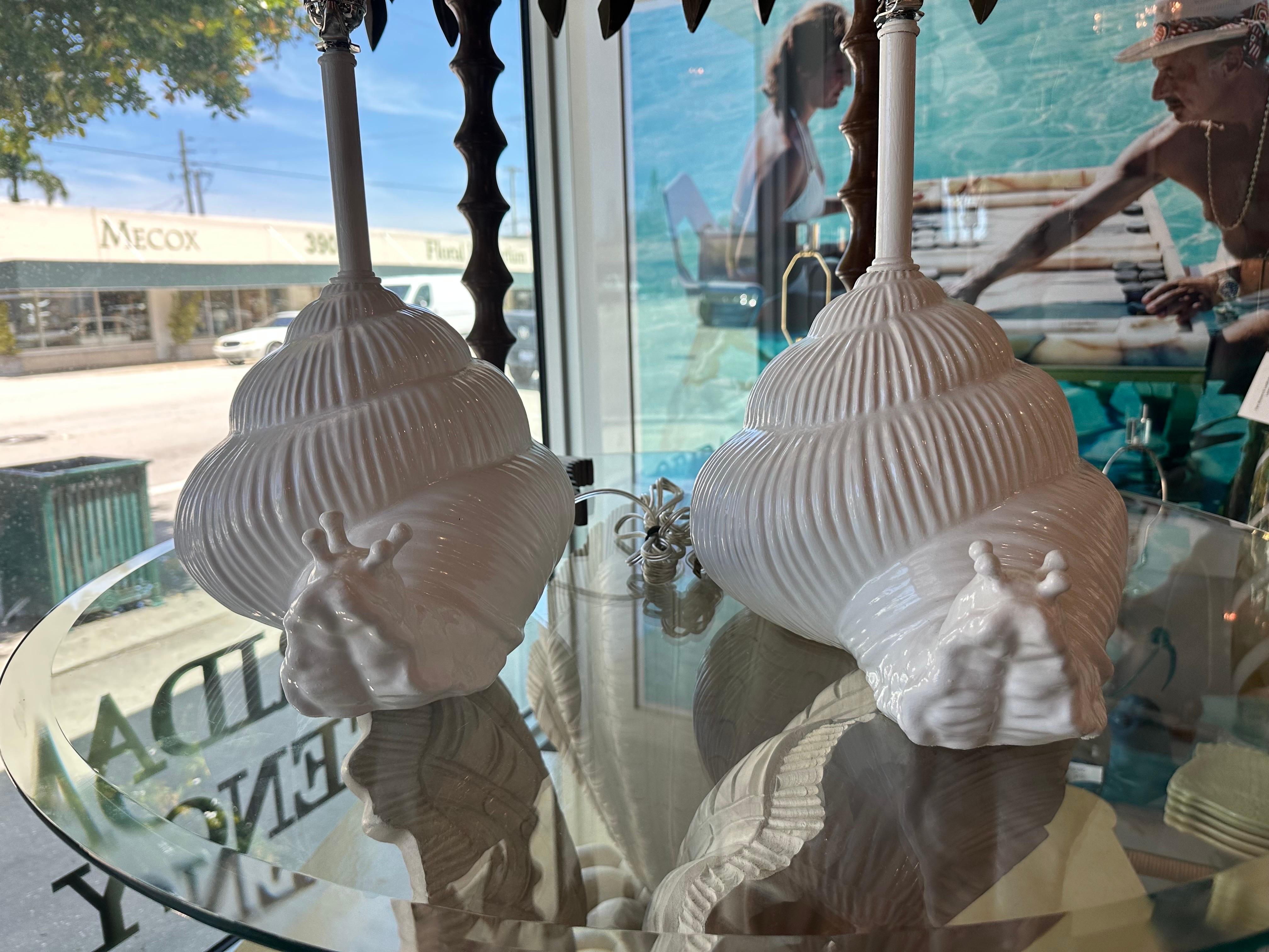 Vintage Pair of White Italian Ceramic Snail Palm Beach Table Lamps Newly Wired For Sale 1