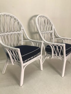 Vintage Pair of White Lacquered Rattan With Blue and White Sunbrella Cushion